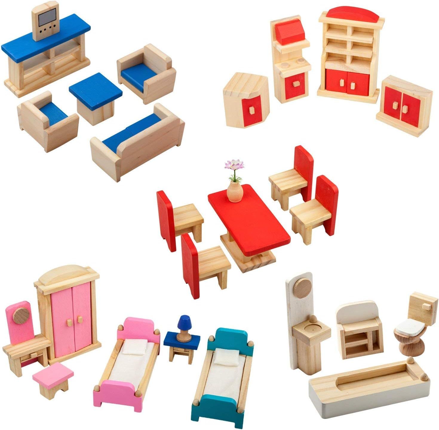 Small Multicolor Wooden Dollhouse Furniture Set