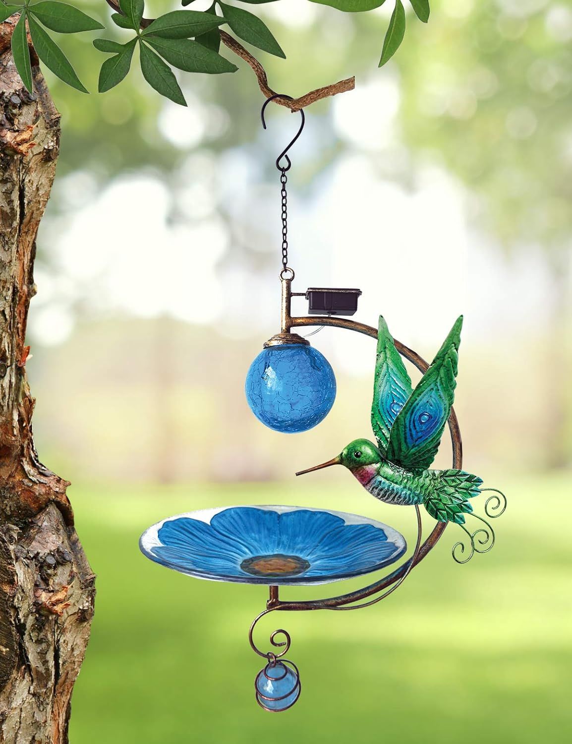 Blue Glass and Metal Hanging Hummingbird Solar Bird Feeder