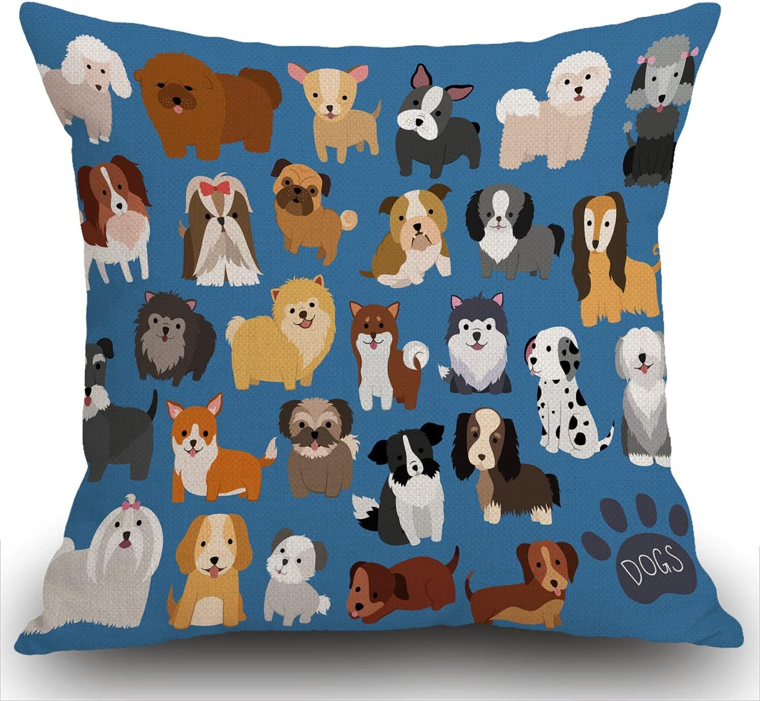 Blue Cotton Linen Dog Print 18" Throw Pillow Cover