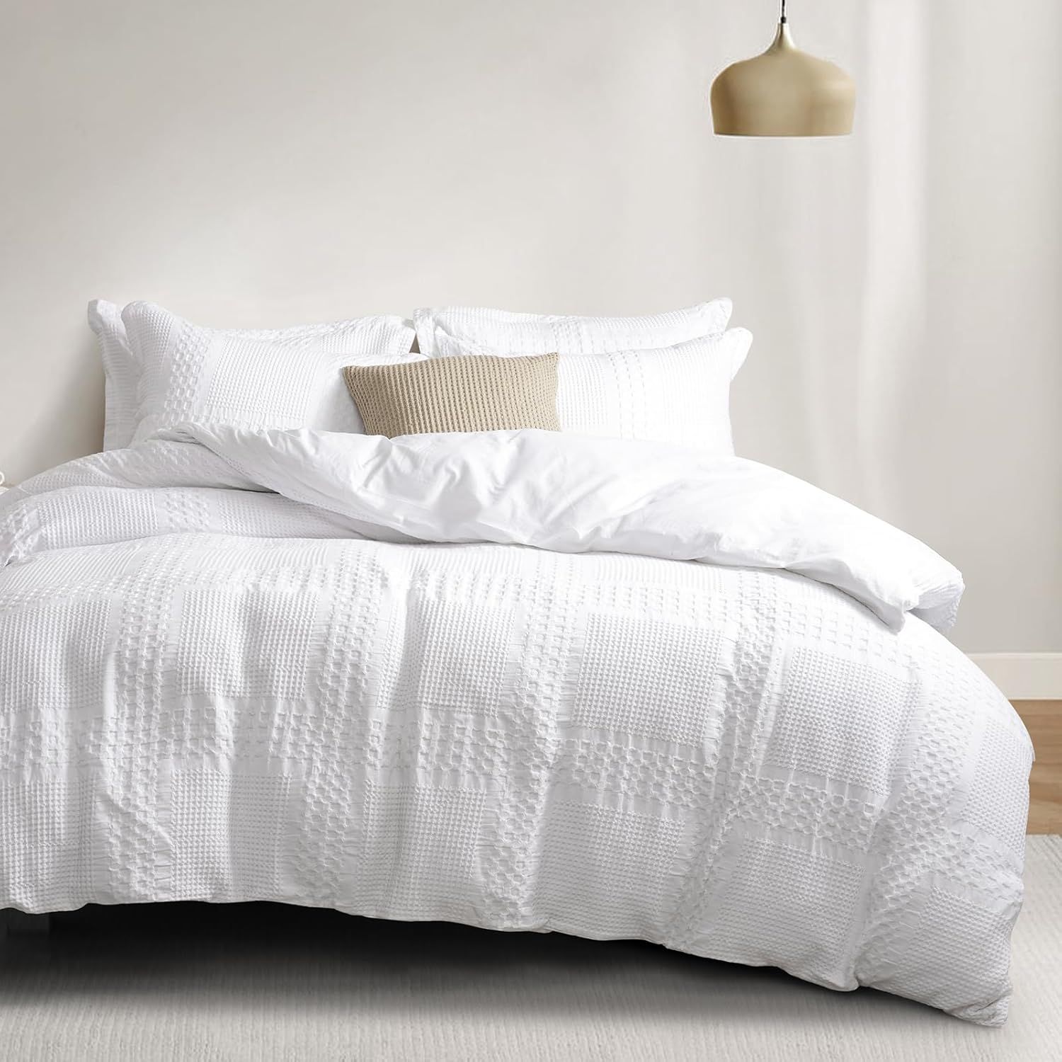 White Cotton Waffle Weave Queen Duvet Cover Set