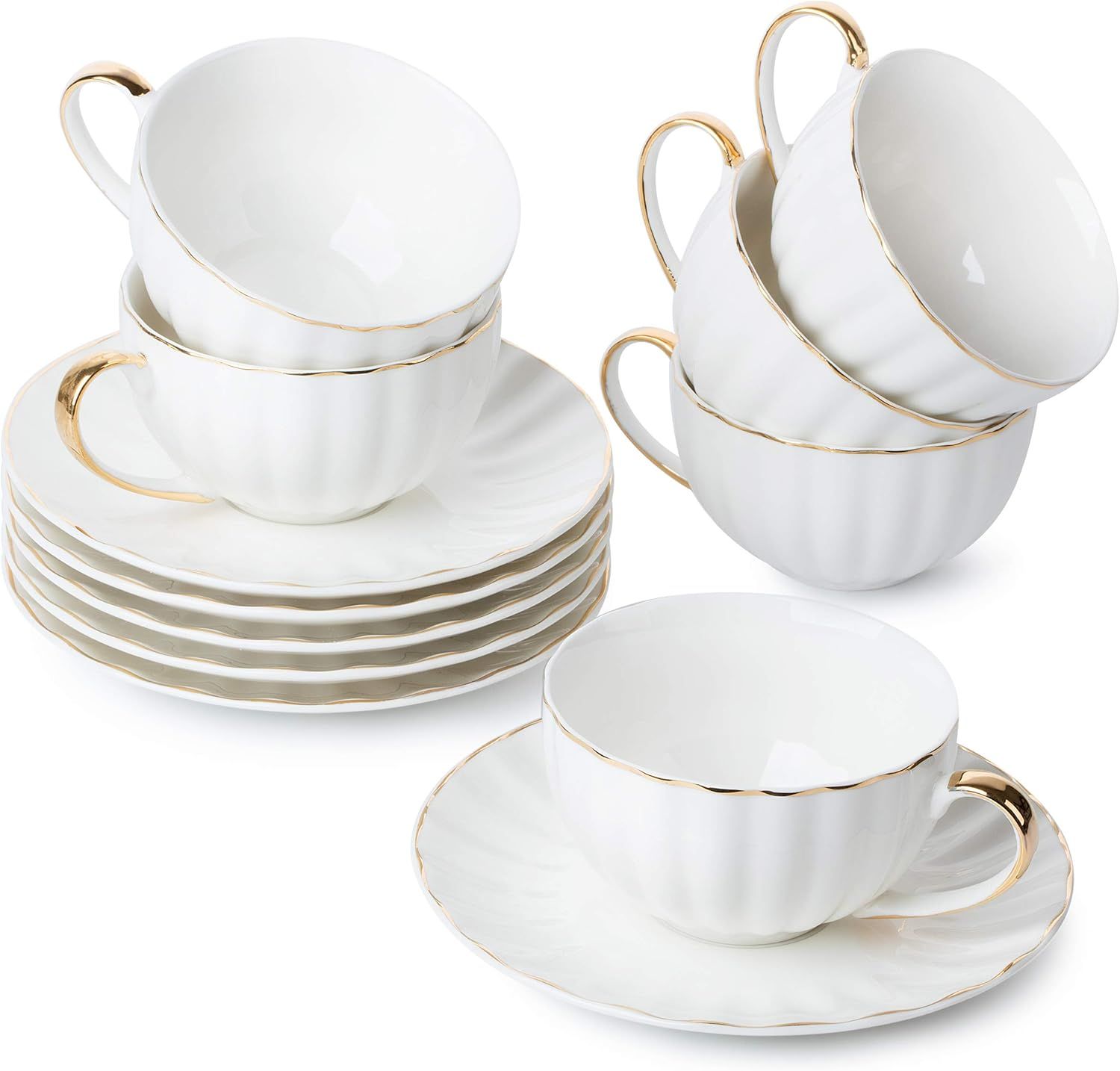 Elegant White Porcelain Tea Cups with Gold Trim, Set of 6