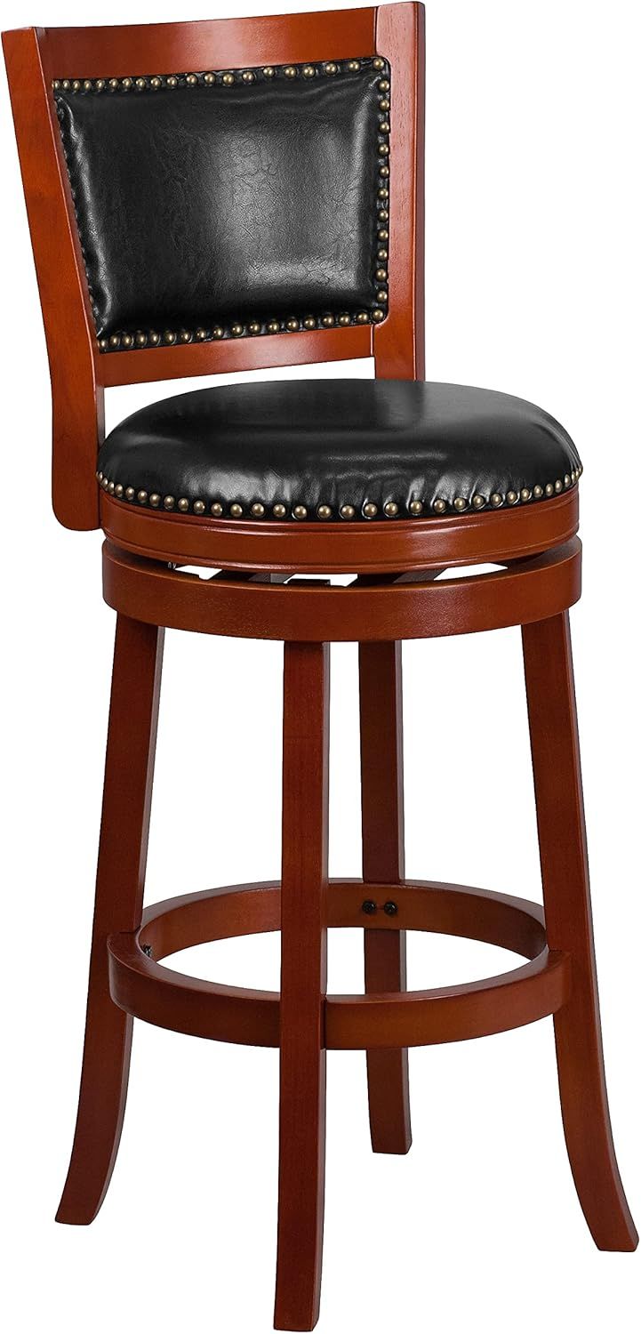 Elegant Light Cherry Wood Barstool with Black Leather Swivel Seat