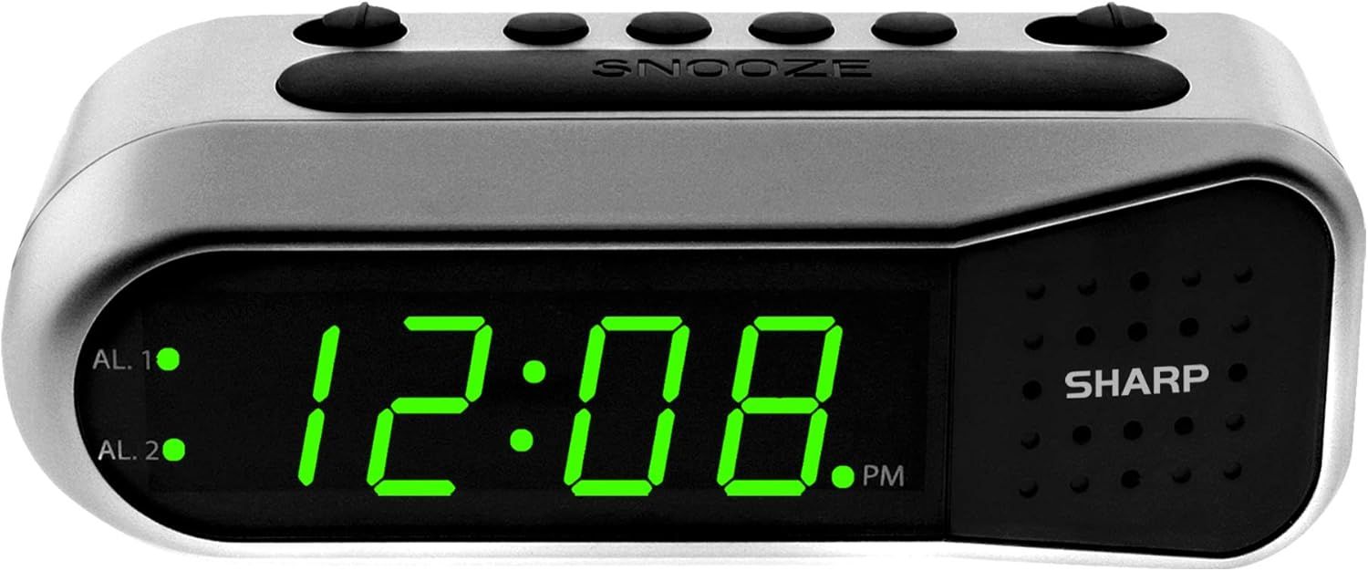 Silver Digital Alarm Clock with Dual Alarms and Battery Backup