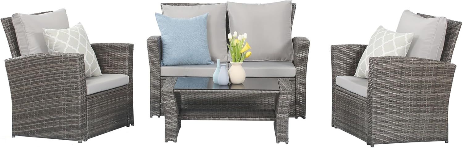 Gray Rattan 4-Piece Outdoor Patio Sofa Set with Cushions