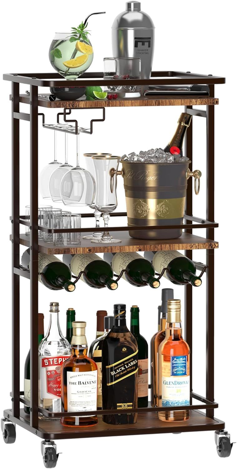 3 Tier Bar Cart for Home, Rolling Mini Liquor Bar Cabinet with Wine Rack and Glass Holder, Home Bar Serving Cart on Wheels for Dinner Party Wine Alcohol Drink, Bar Stand for Living Room Kitchen