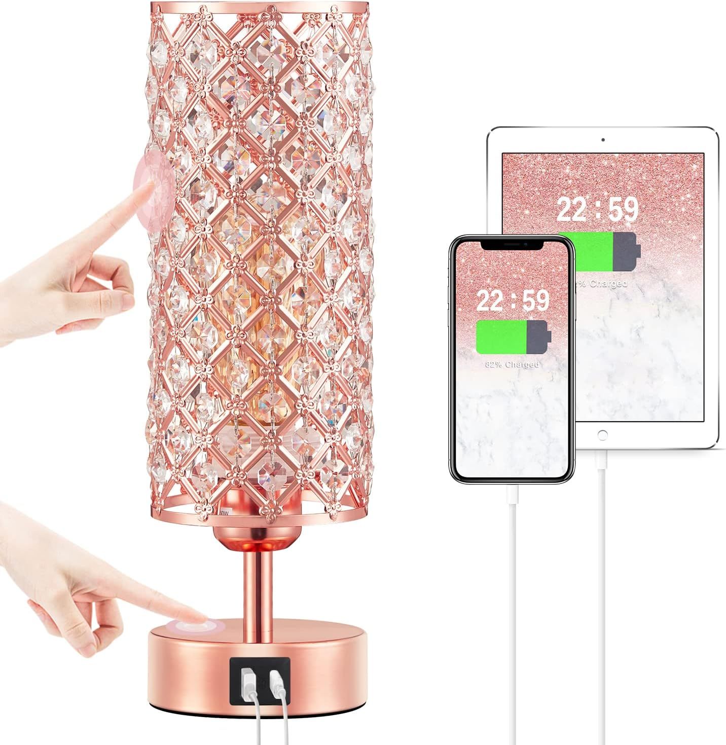 Rose Gold Crystal Touch Table Lamp with USB Ports