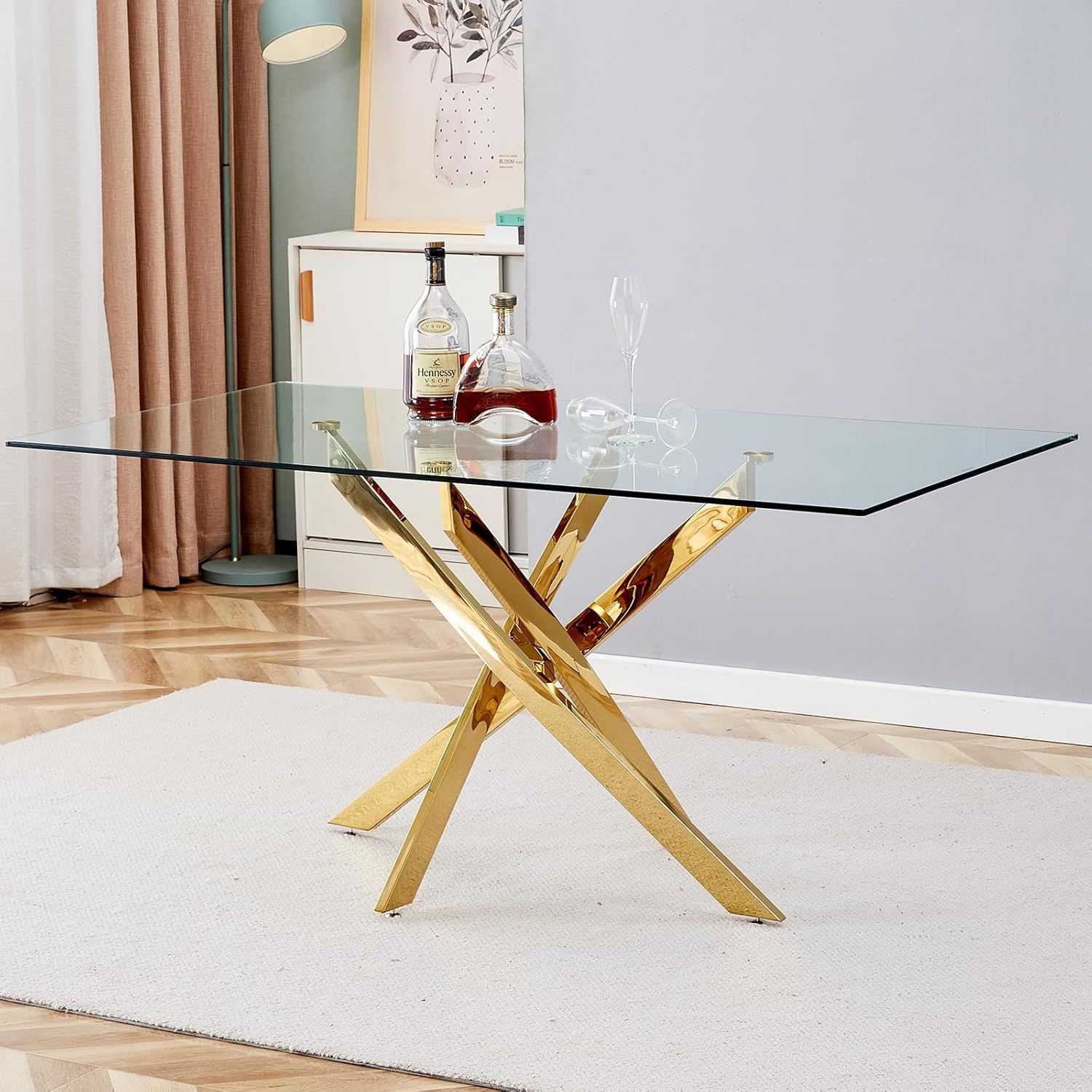 63'' Gold Glass Rectangular Dining Table with Metal Cross Legs