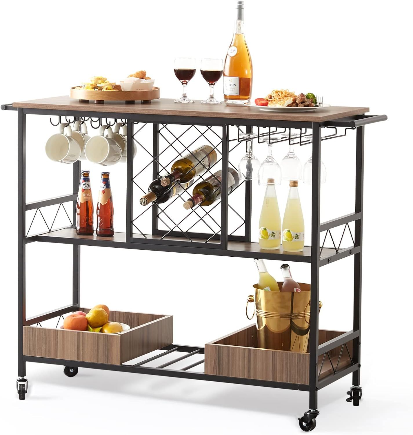 Industrial Black and Wood 3-Tier Rolling Bar Cart with Wine Rack