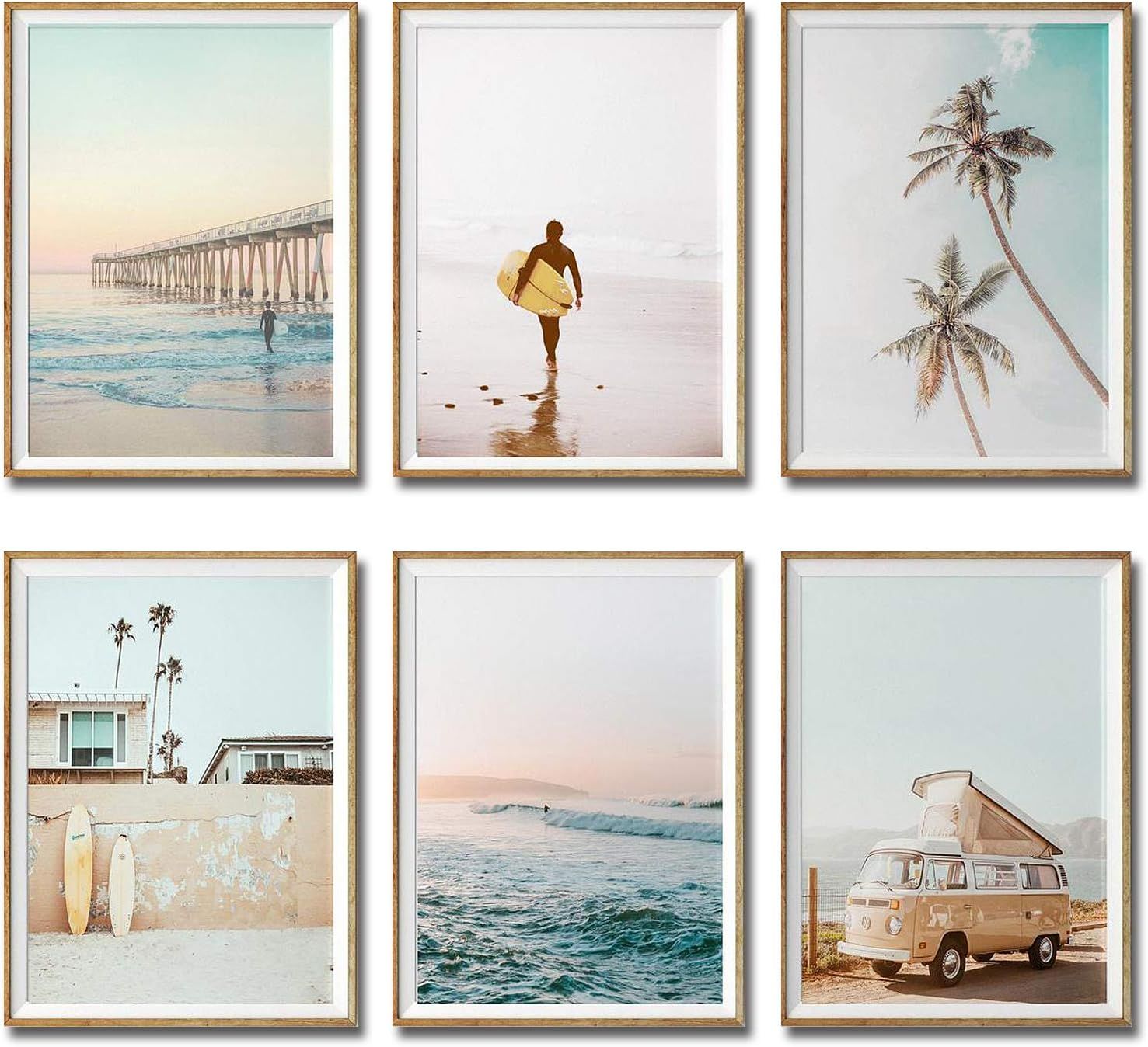 Set of 6 California Coastal Surf Unframed Wall Art Prints