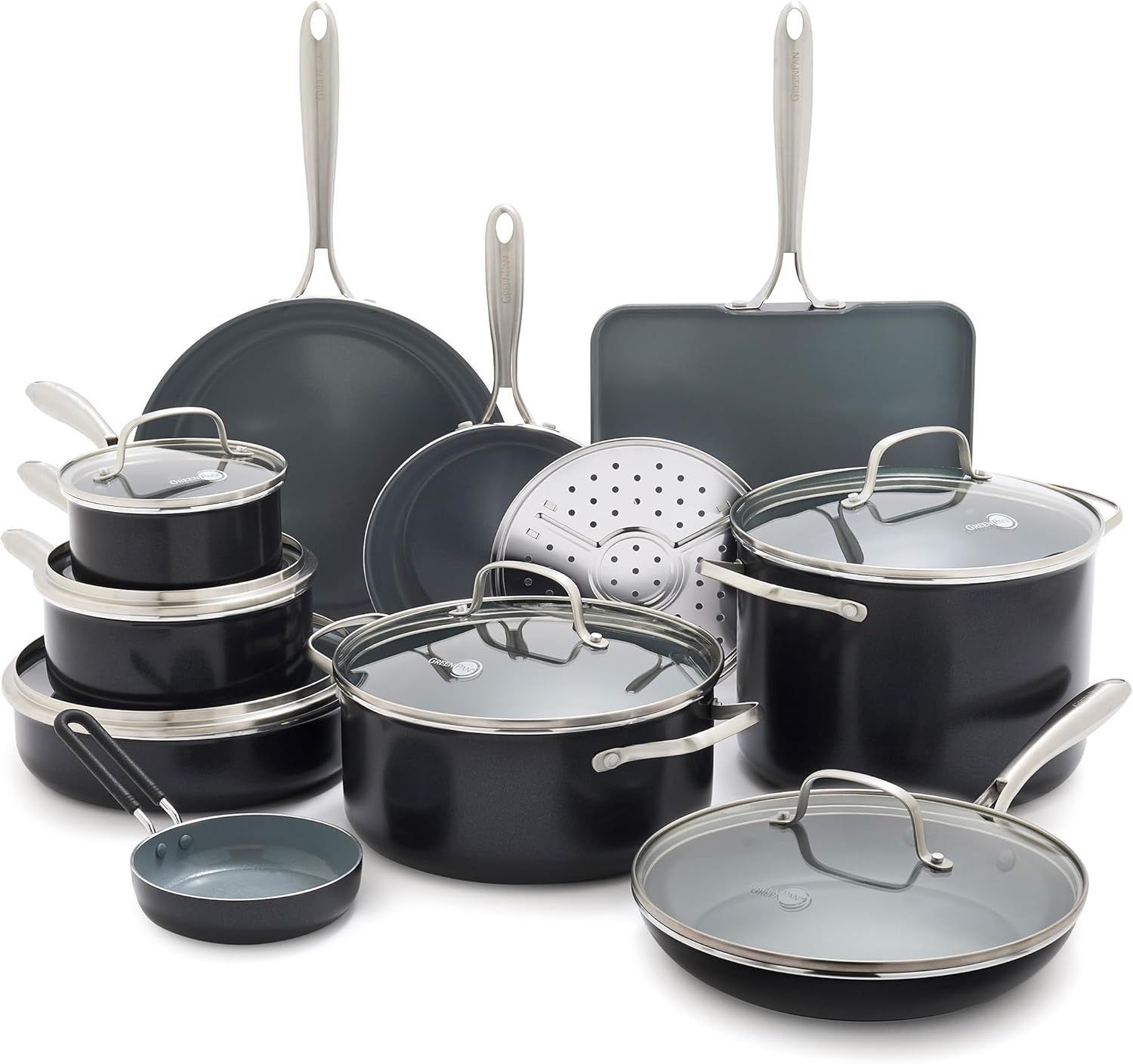 Gray Aluminum 17-Piece Nonstick Cookware Set with Stainless Steel Handles