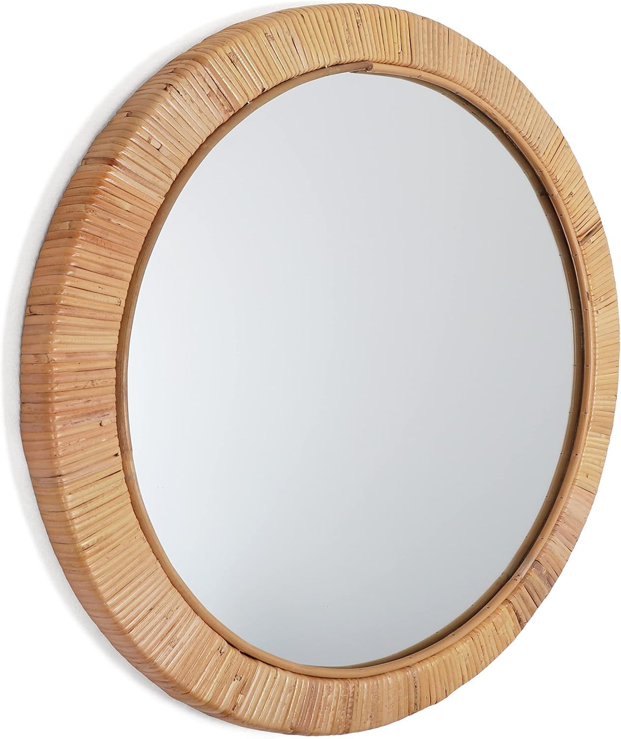 Round Natural Rattan Frameless Wall Mirror, 22" Diameter