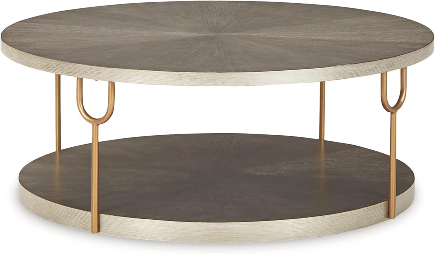 Round Beige and Gold Wood Metal Coffee Table