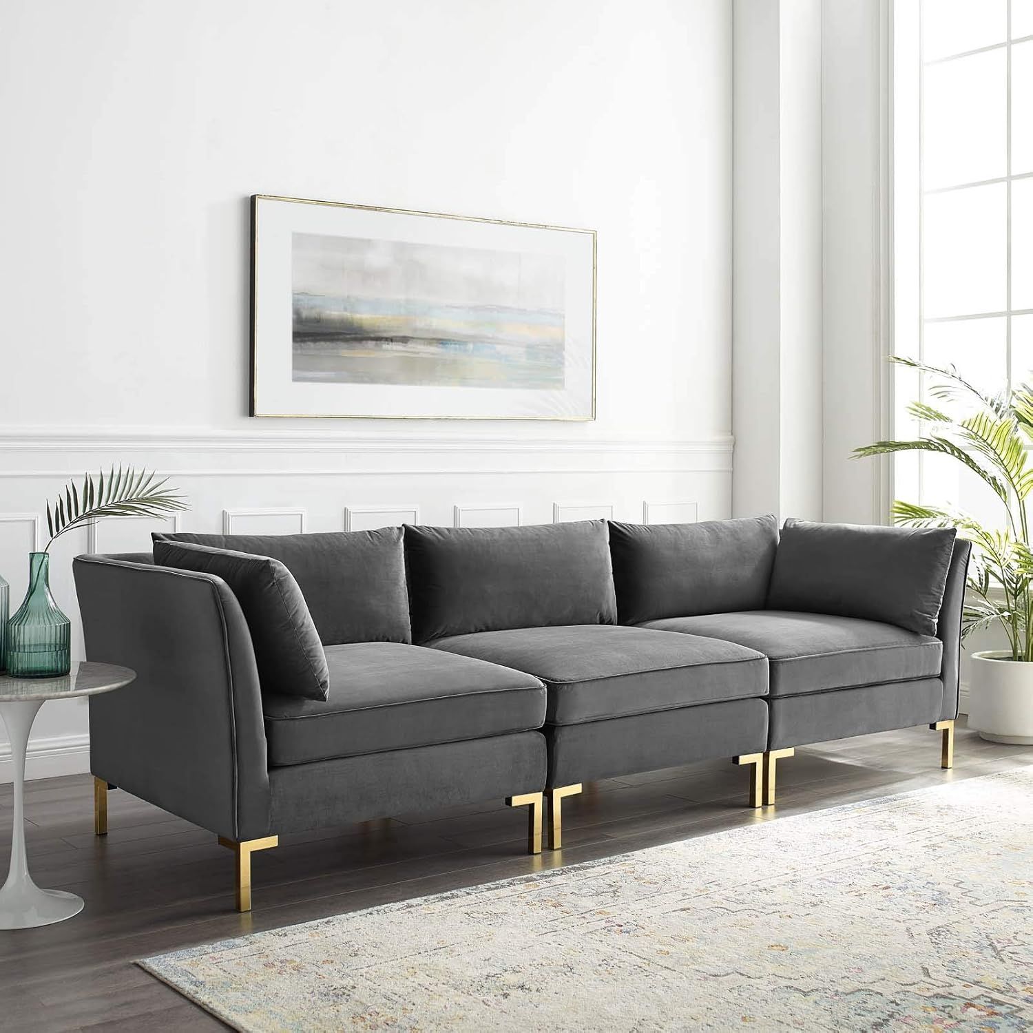 Glam Deco Gray Velvet 103" Sectional Sofa with Gold Legs