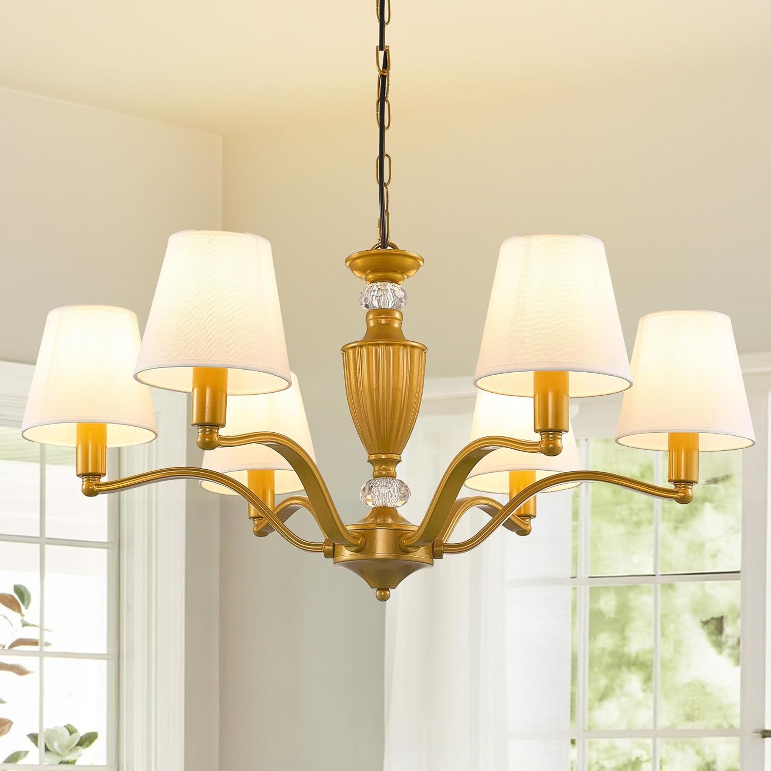 Gold 6-Light Chandelier with White Fabric Shades