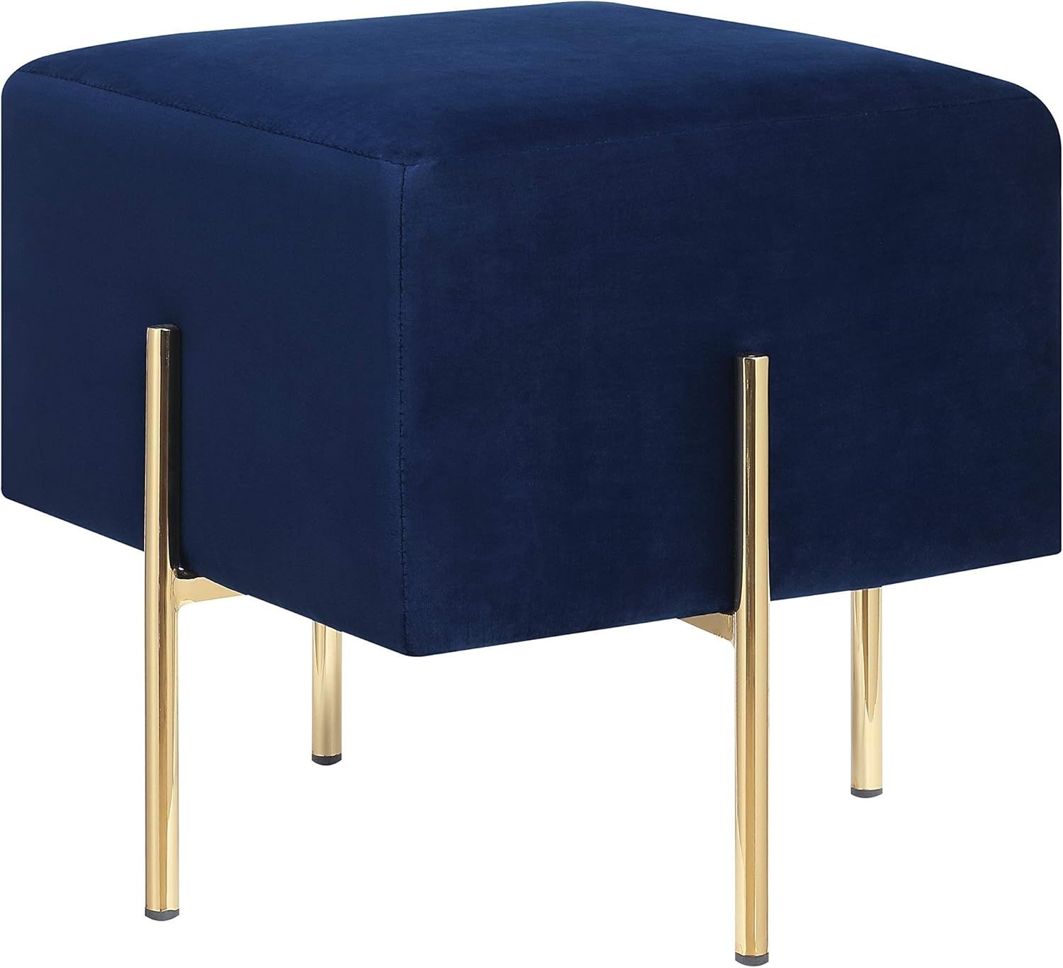 Modern Blue Velvet Ottoman with Gold Metal Legs