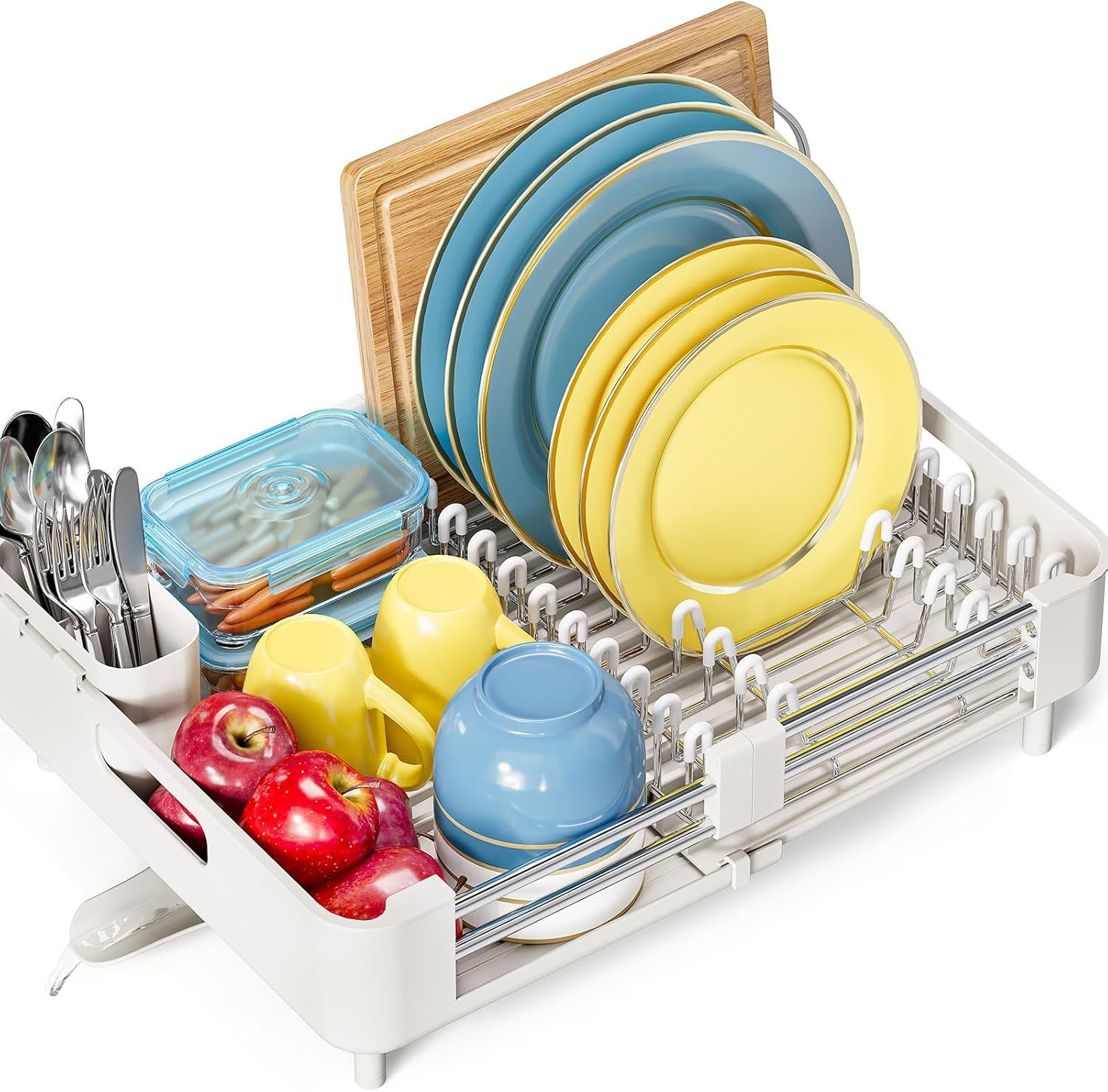 Adjustable White Metal Dish Rack with Utensil Cup