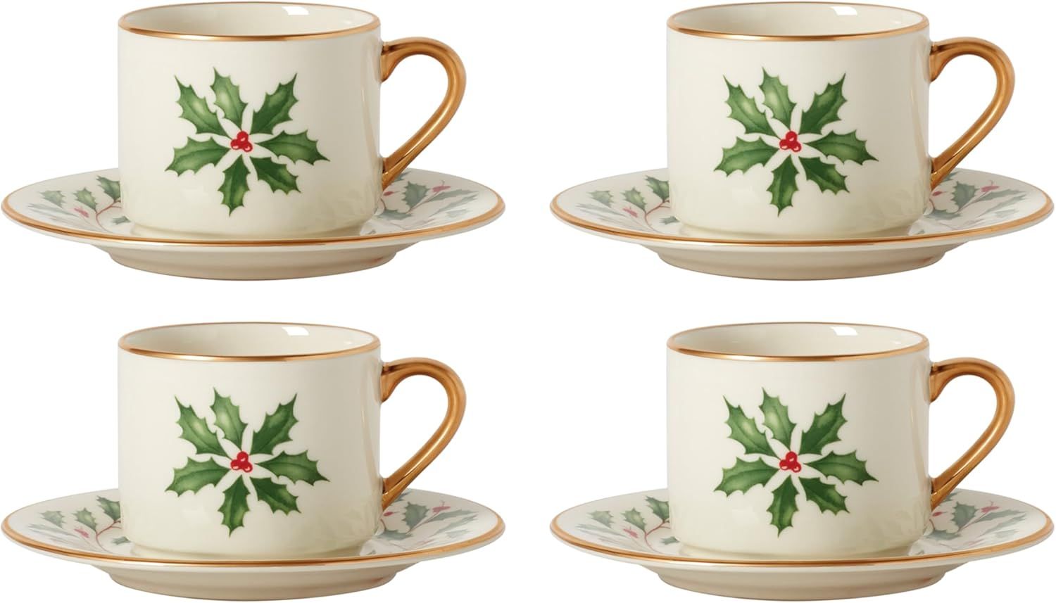 Ivory Ceramic Holiday Espresso Cup & Saucer Set with Holly Motif