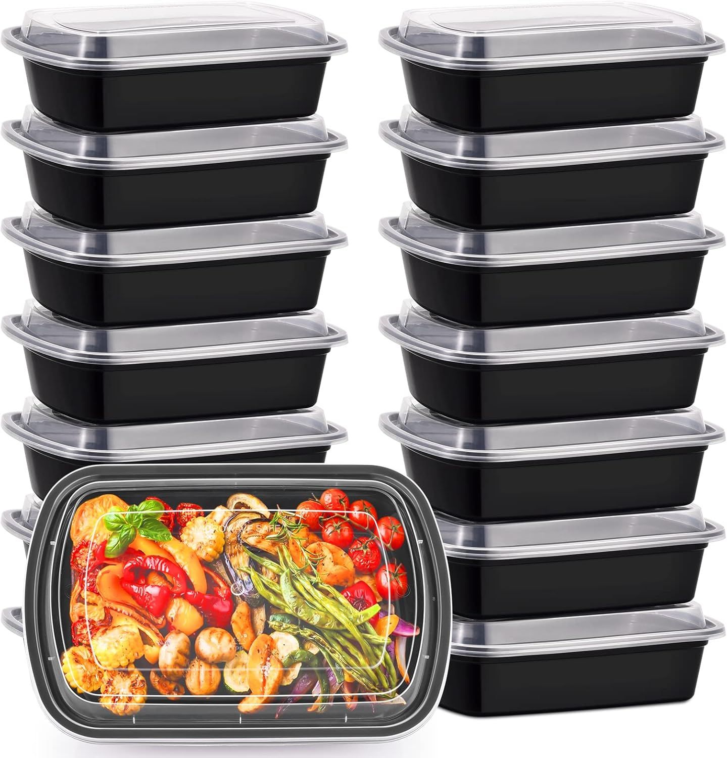 38oz Black Plastic Meal Prep Containers with Clear Lids, Set of 30