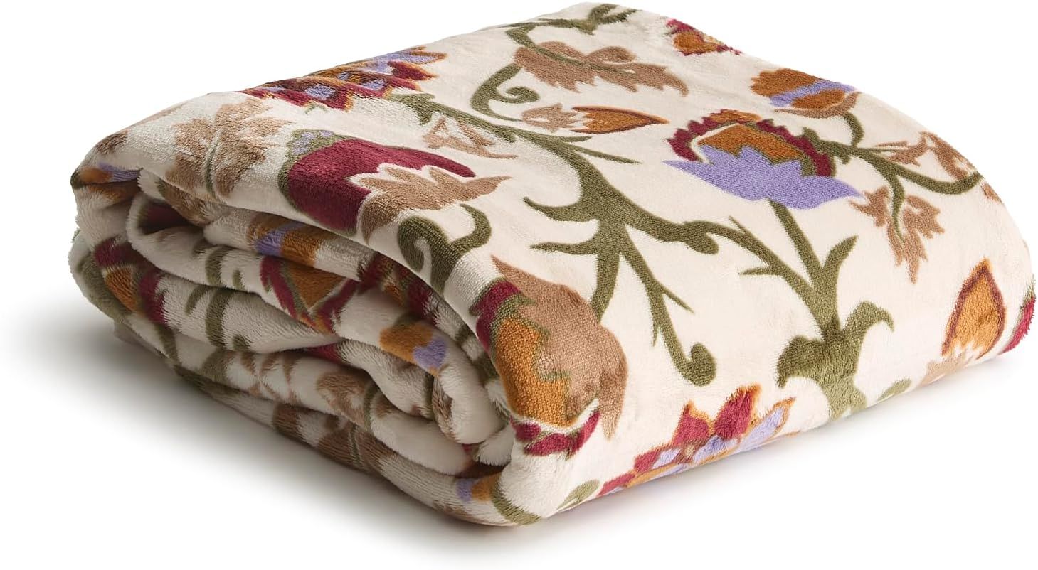 Antique White Floral Fleece Plush Throw Blanket