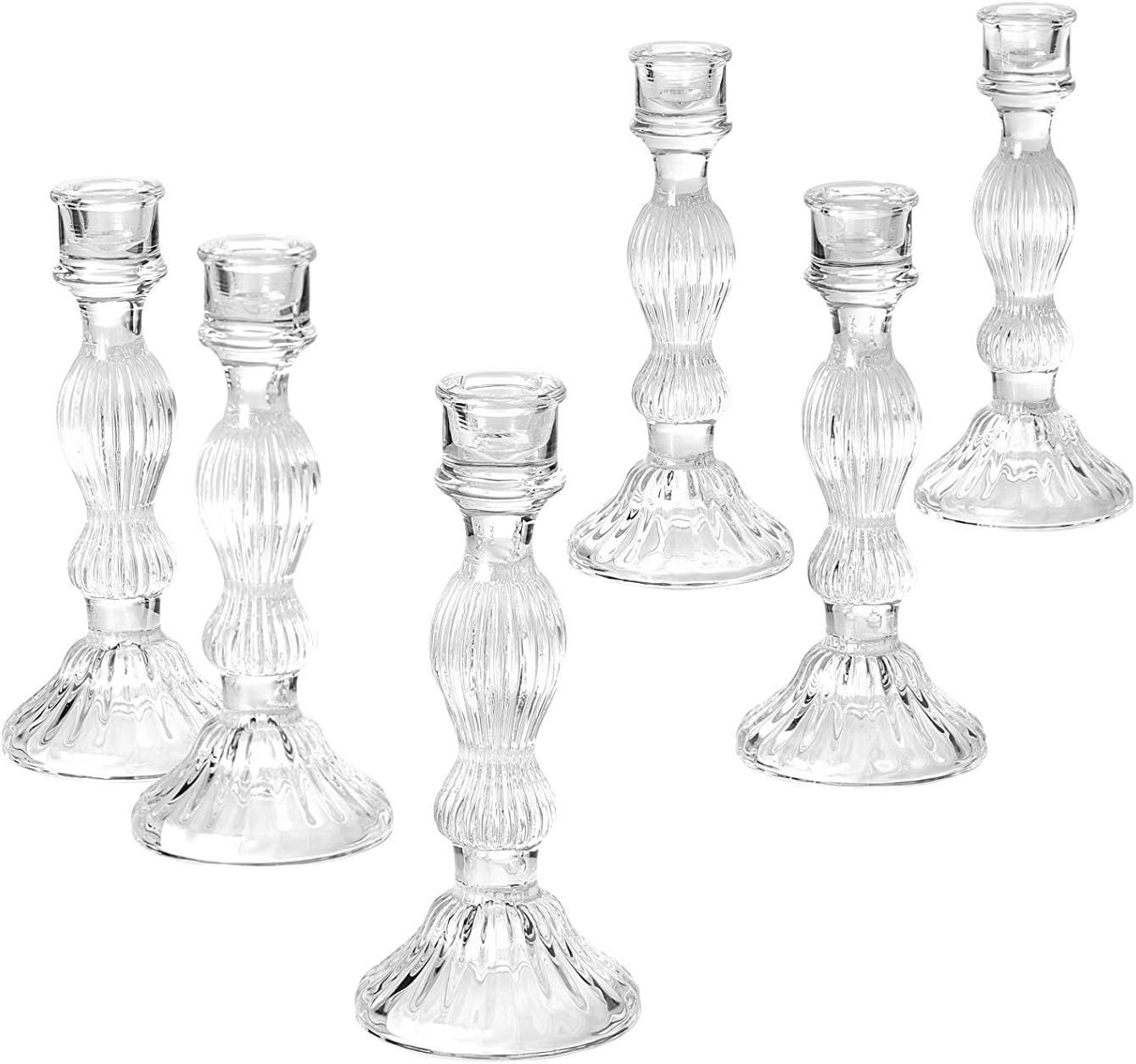 Set of 6 Clear Ribbed Glass Candlestick Holders