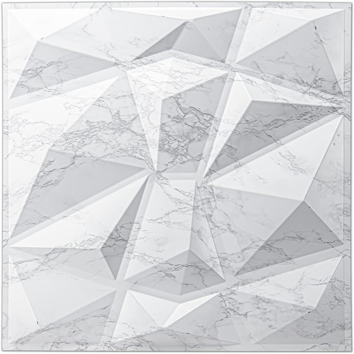 Glossy White Marble 3D Diamond Textured Wall Panels, 19.7" x 19.7", Pack of 12