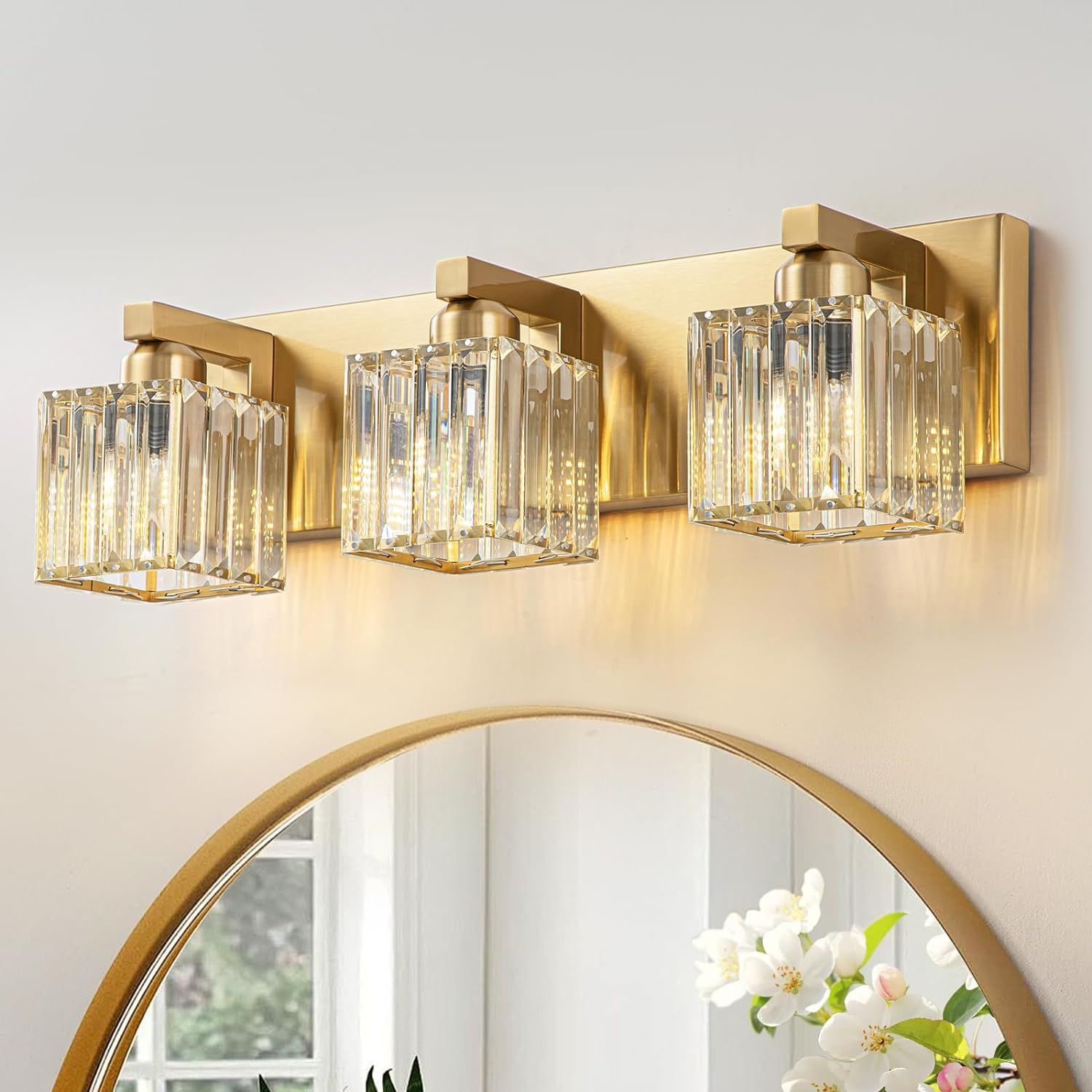 Gold Crystal 3-Light Bathroom Vanity Fixture with Square Shades