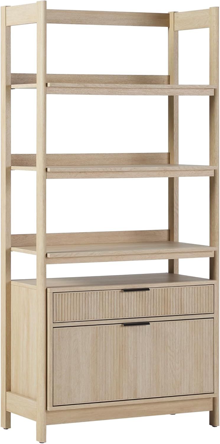 Coastal Oak 4-Shelf Bookshelf with Reeded Drawers