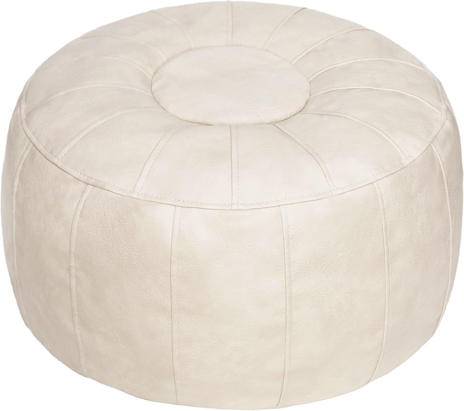 Ivory Faux Leather Round Moroccan Pouf Ottoman