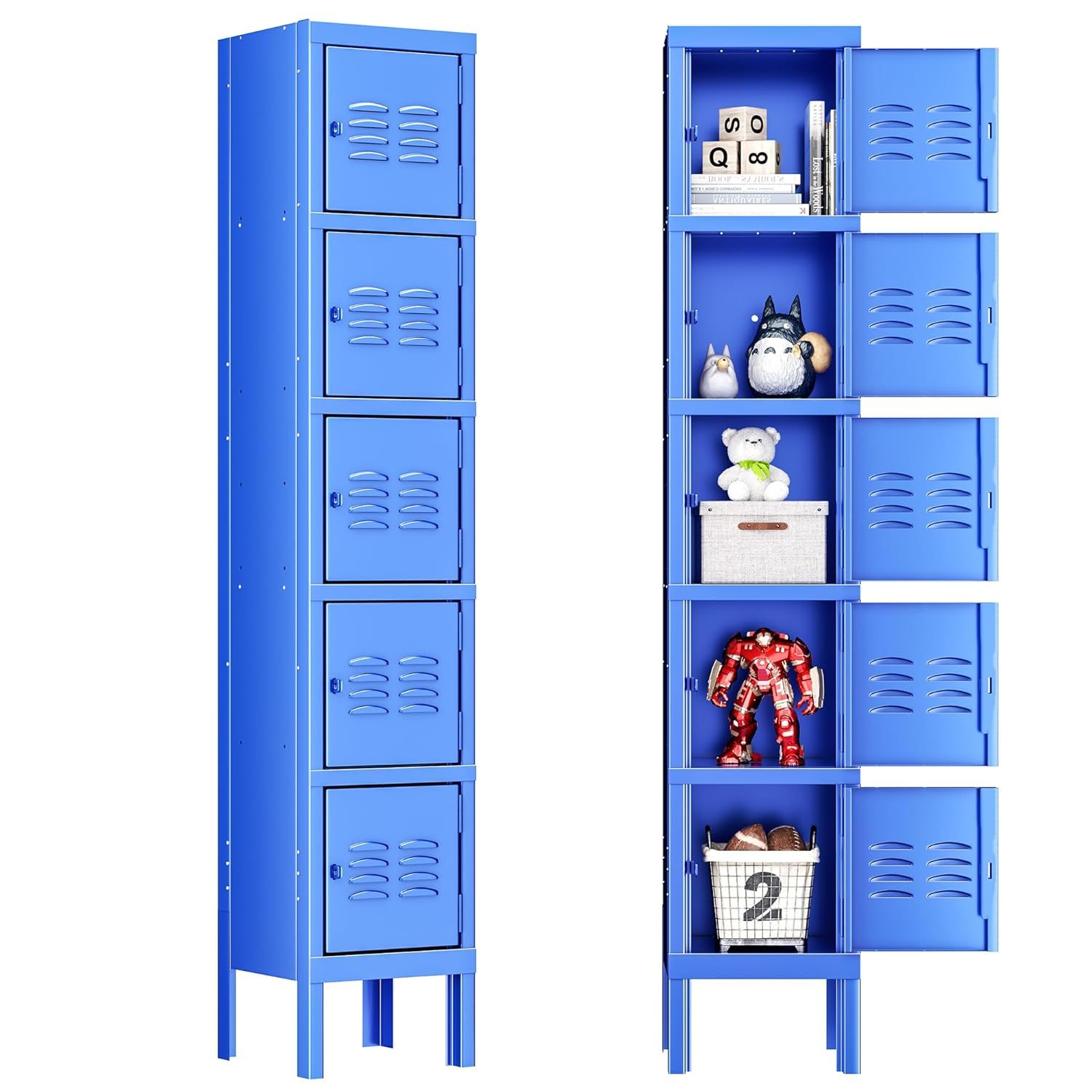 Tall Blue Metal Office Storage Locker with Five Doors