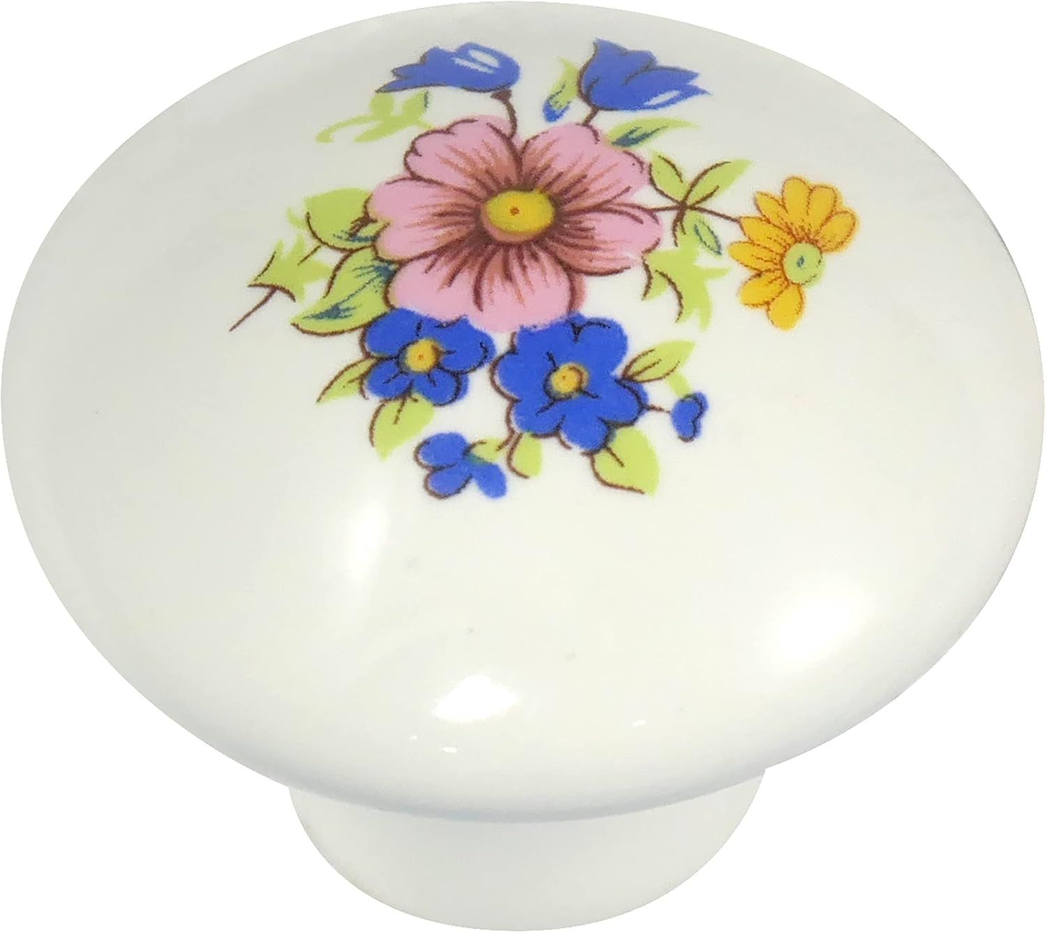 White Porcelain Round Cabinet Knob with Floral Design