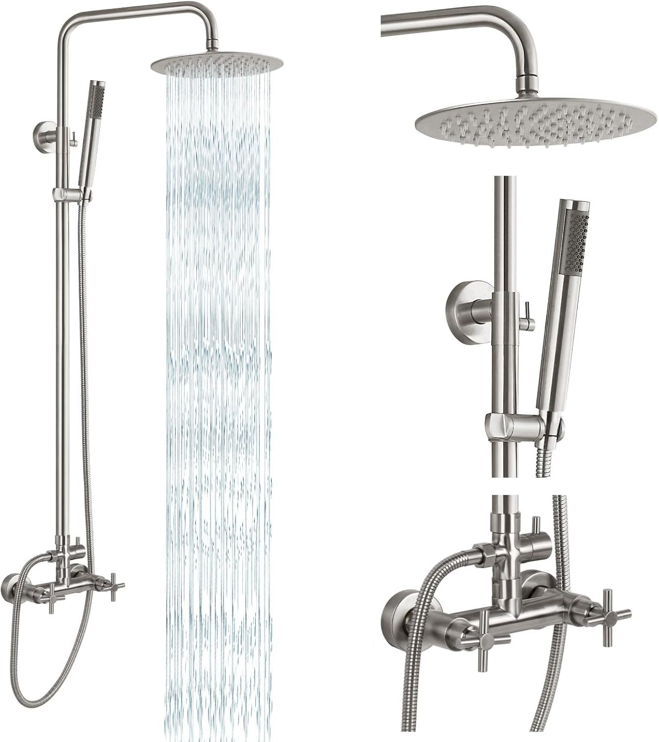 Brushed Nickel Wall Mounted Rain Shower System with Handheld