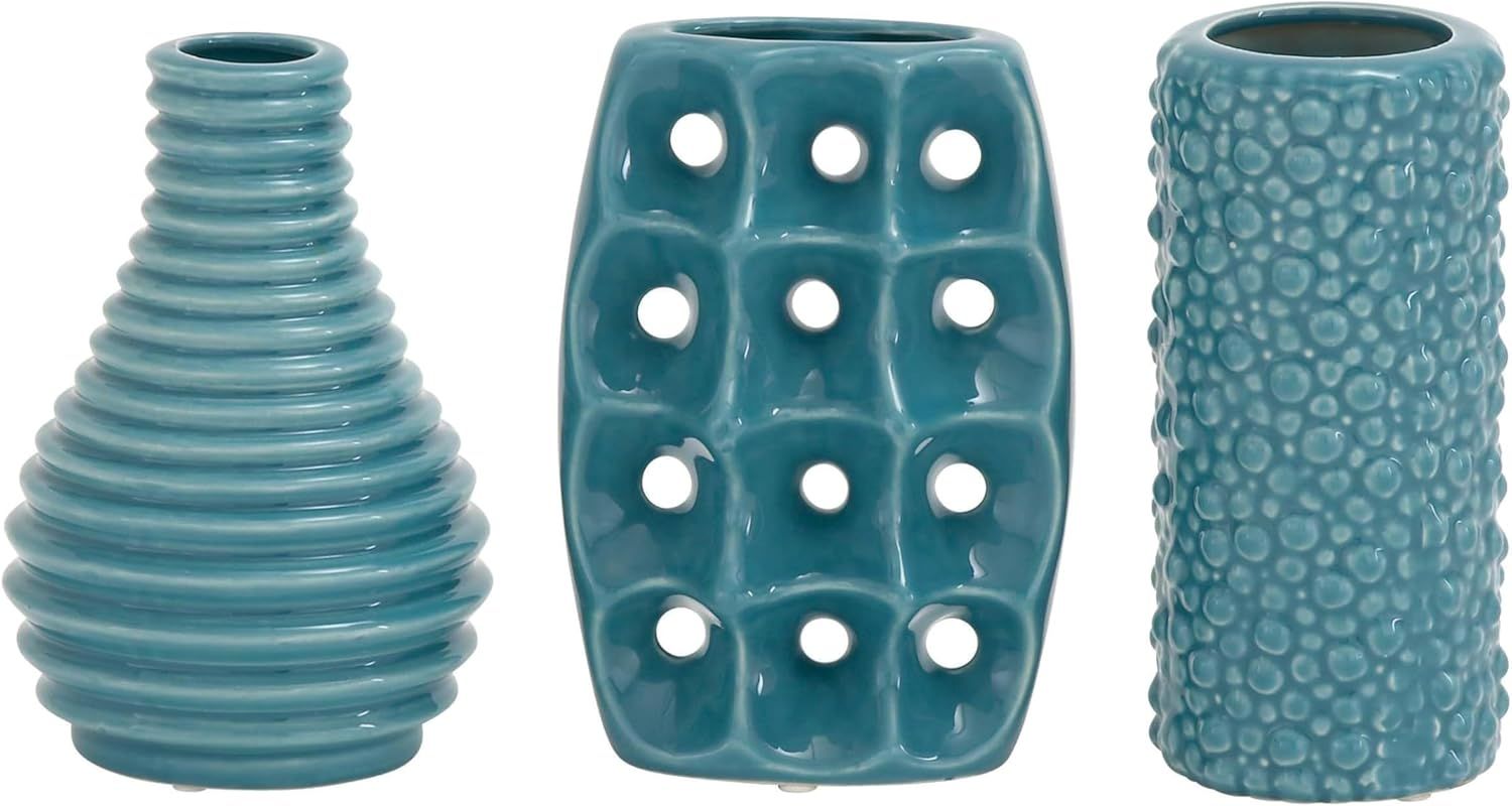 Modern Blue Ceramic Trio Vase Set with Textured Embellishments