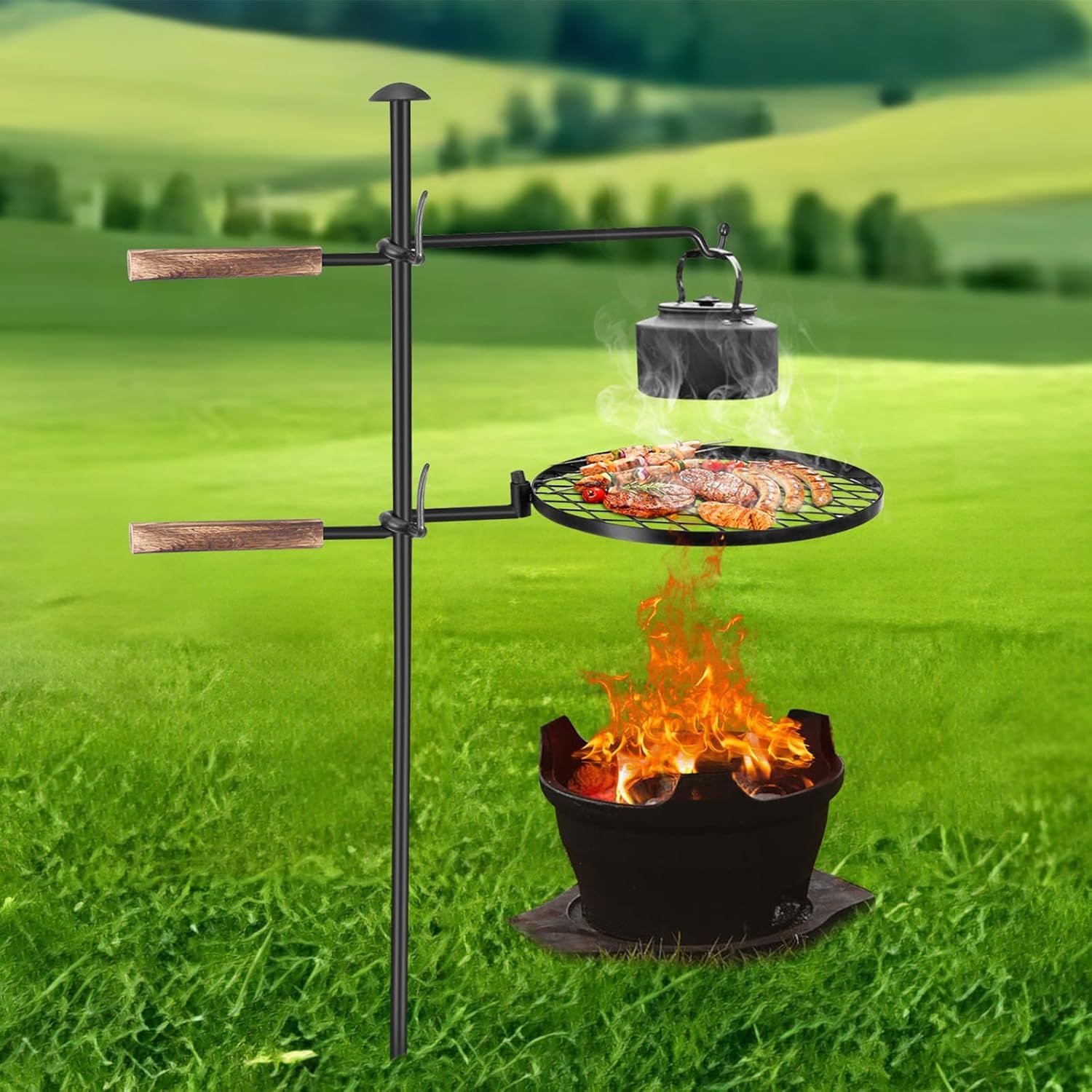 Adjustable Black Steel Swivel Campfire Grill with Wooden Handles