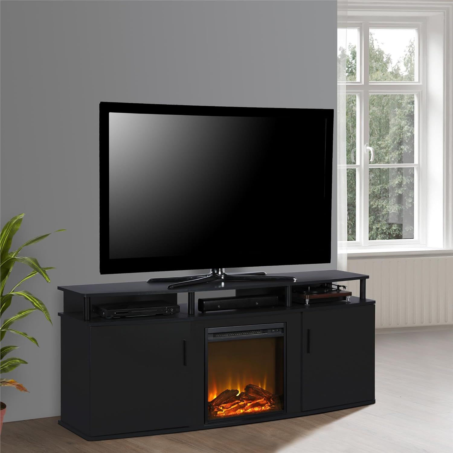 Black 70-Inch TV Stand with Electric Fireplace and Cabinets