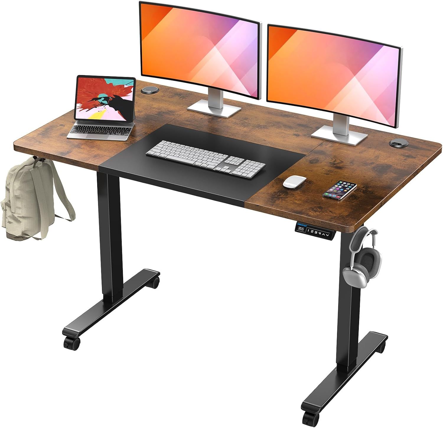 Rustic Brown and Black Adjustable Height Standing Desk with Memory Controller