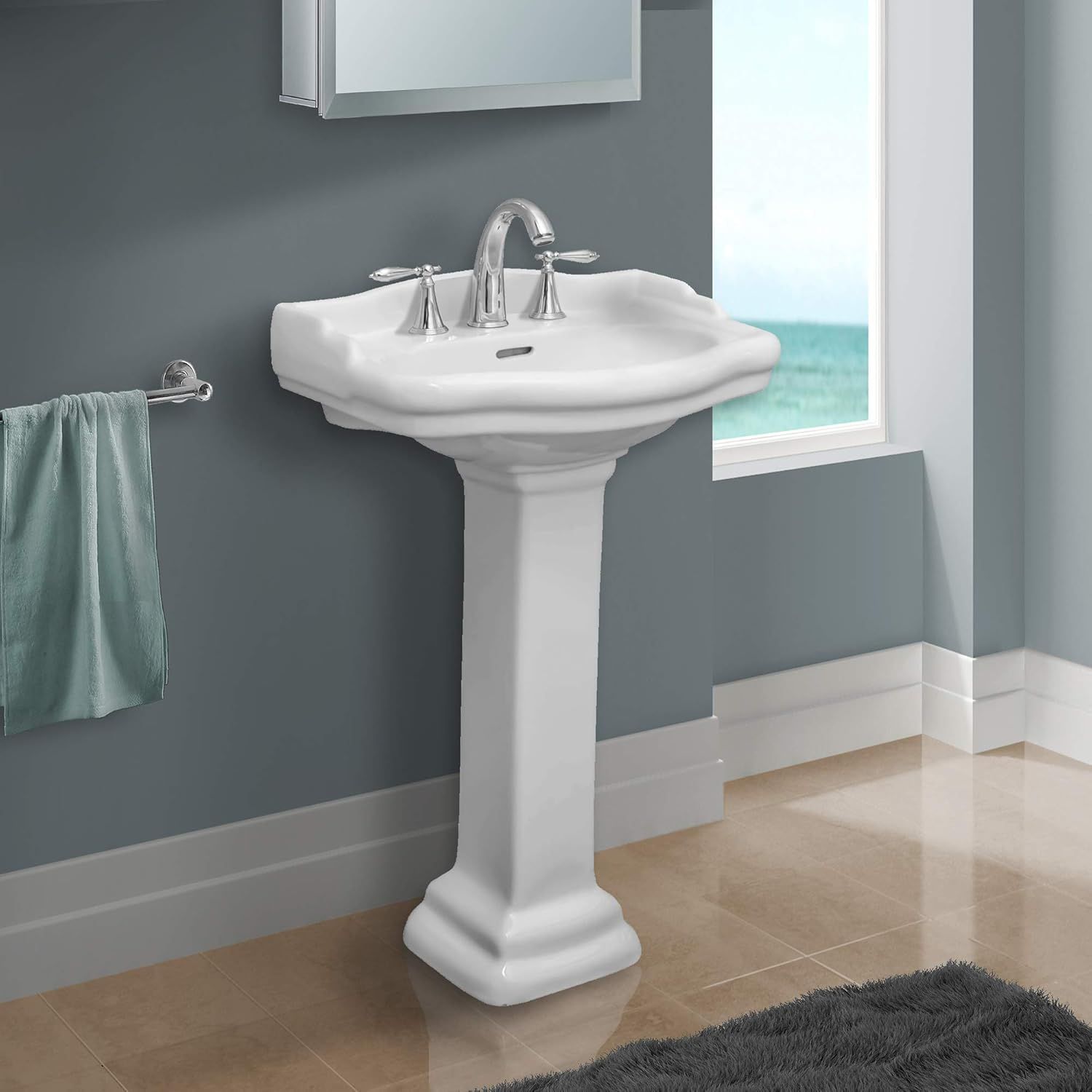 White Ceramic Pedestal Sink with 3-Hole Faucet