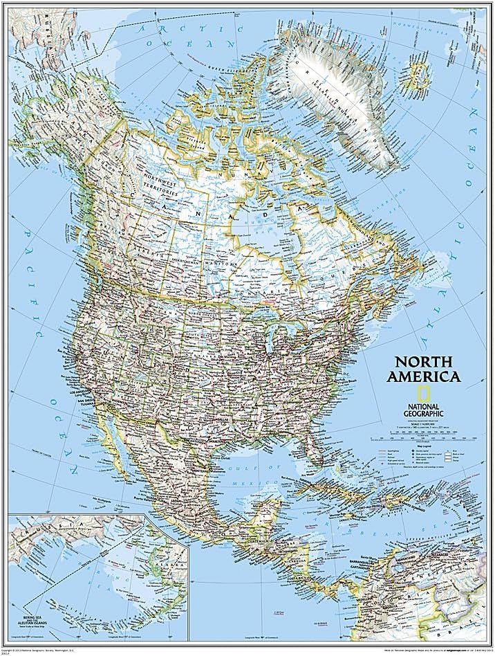 Laminated North America Wall Map with Blue Oceans