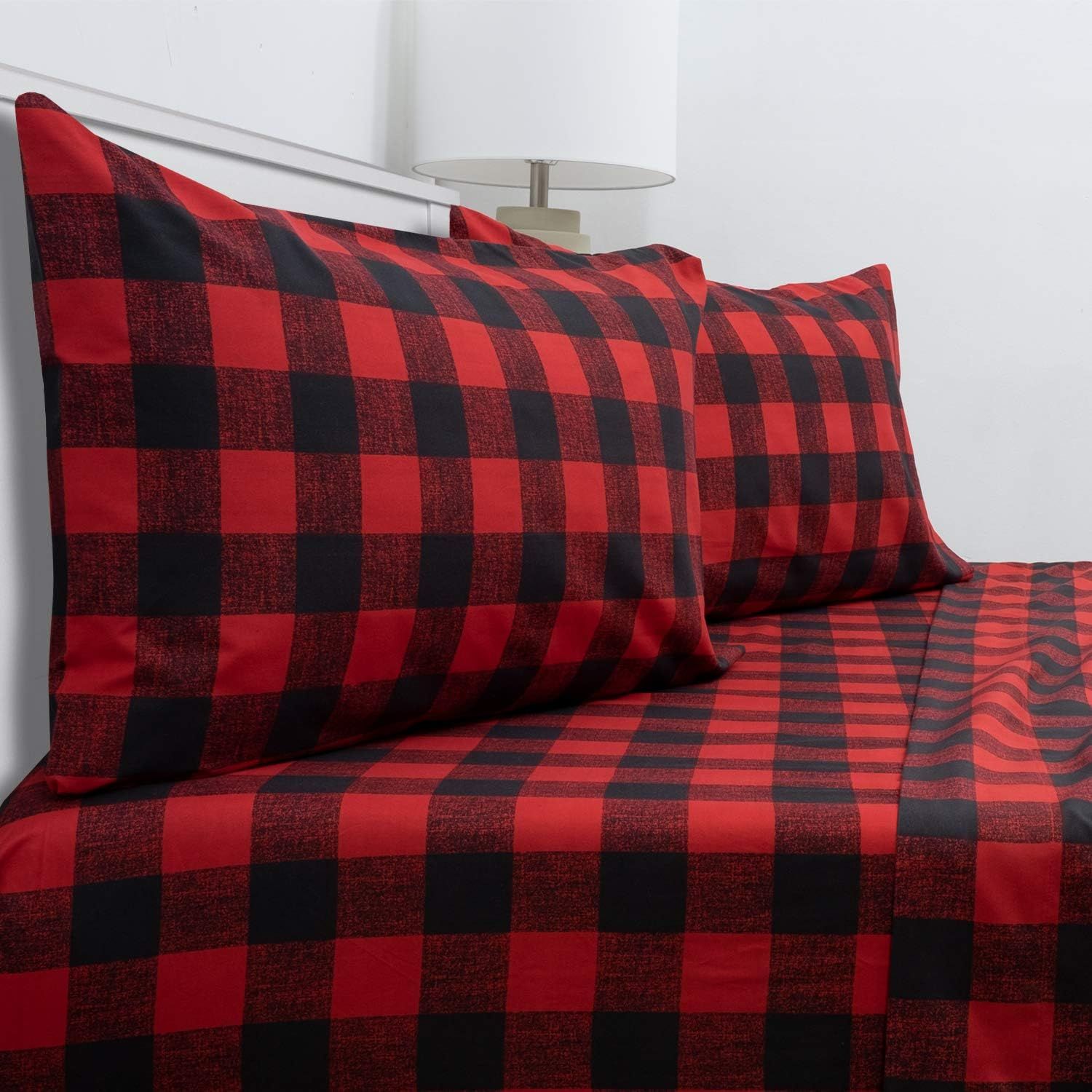 Twin Red and Black Plaid Egyptian Cotton Sheet Set