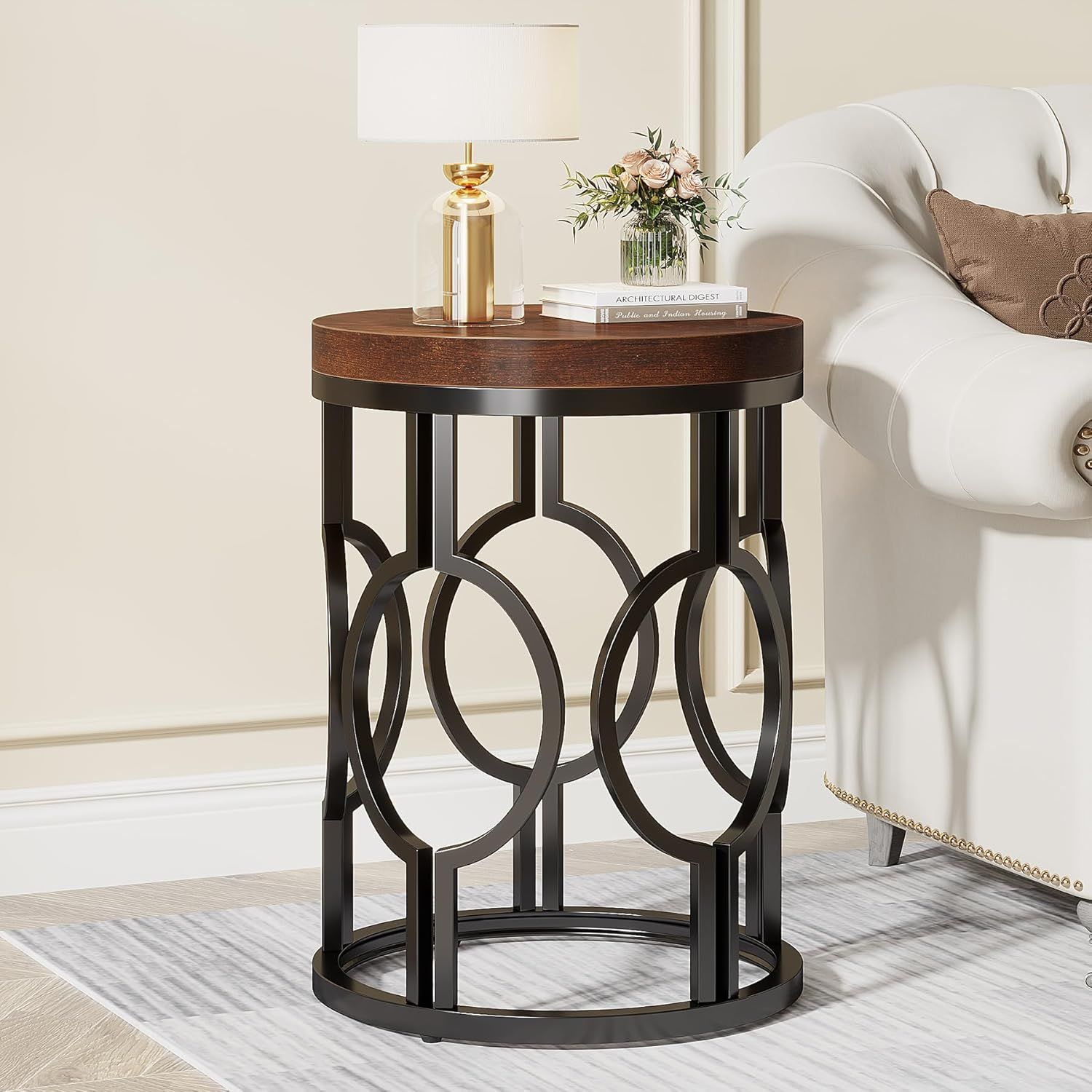 Rustic Brown Round Wood and Metal End Table