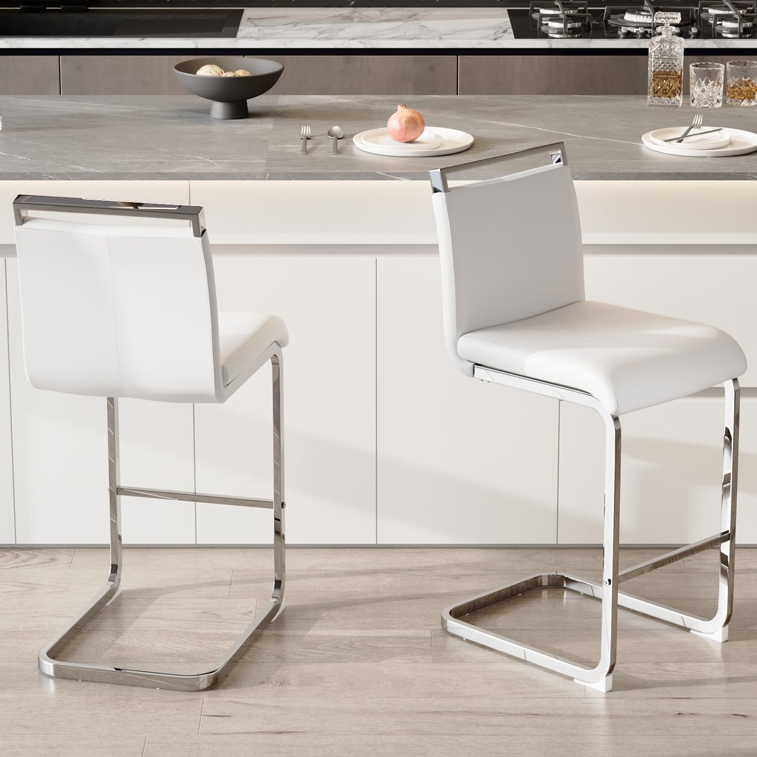 White Faux Leather and Chrome Counter Stools, Set of 2