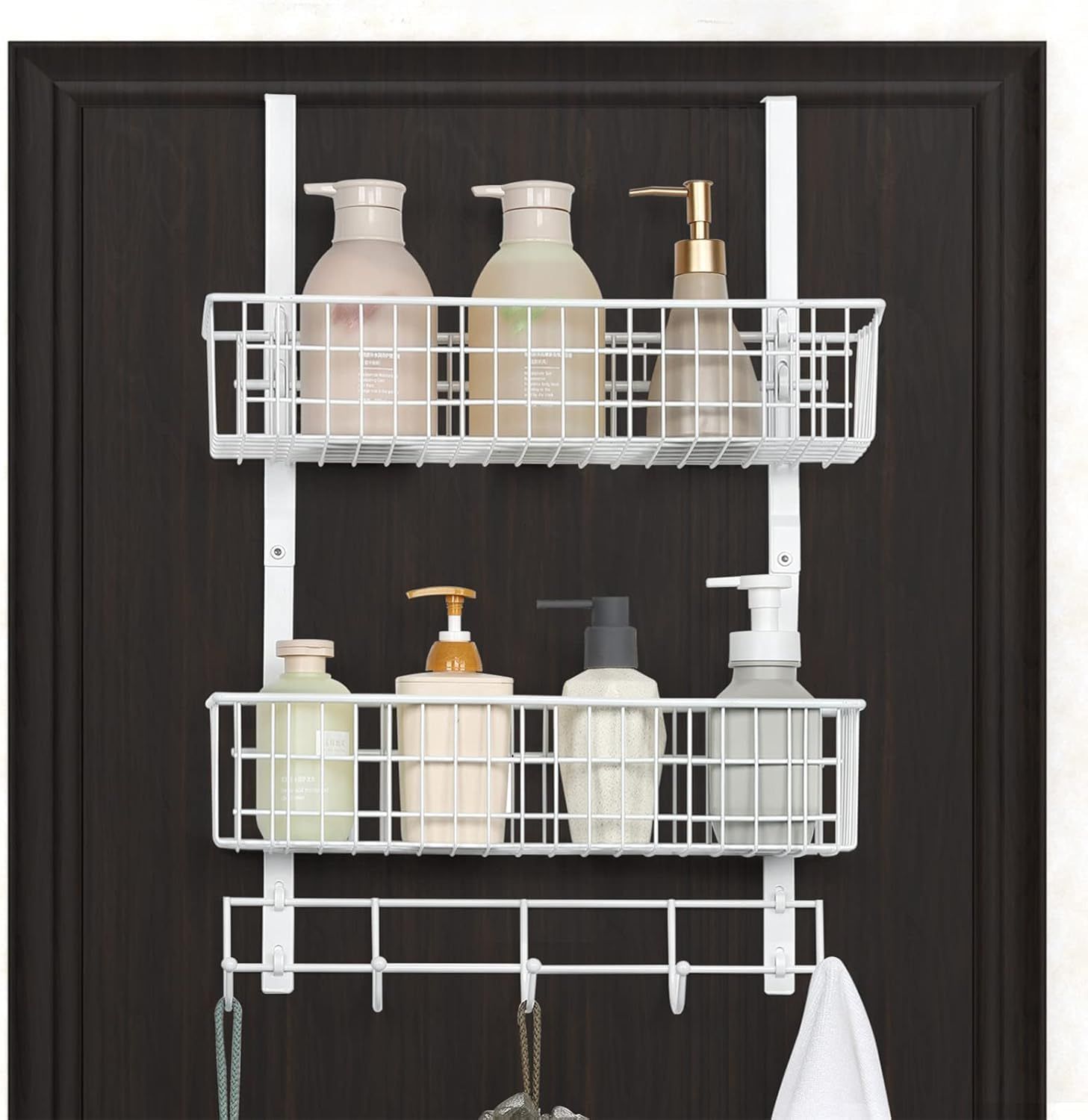 White Over Door Organizer with Hooks and Mesh Baskets