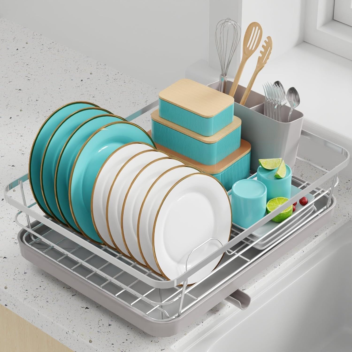 Compact Silver Stainless Steel Dish Drying Rack with Drainboard