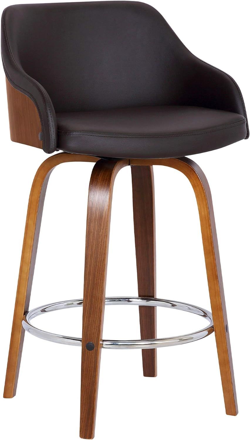 Alec 30" Walnut Wood and Brown Faux Leather Swivel Bar Stool