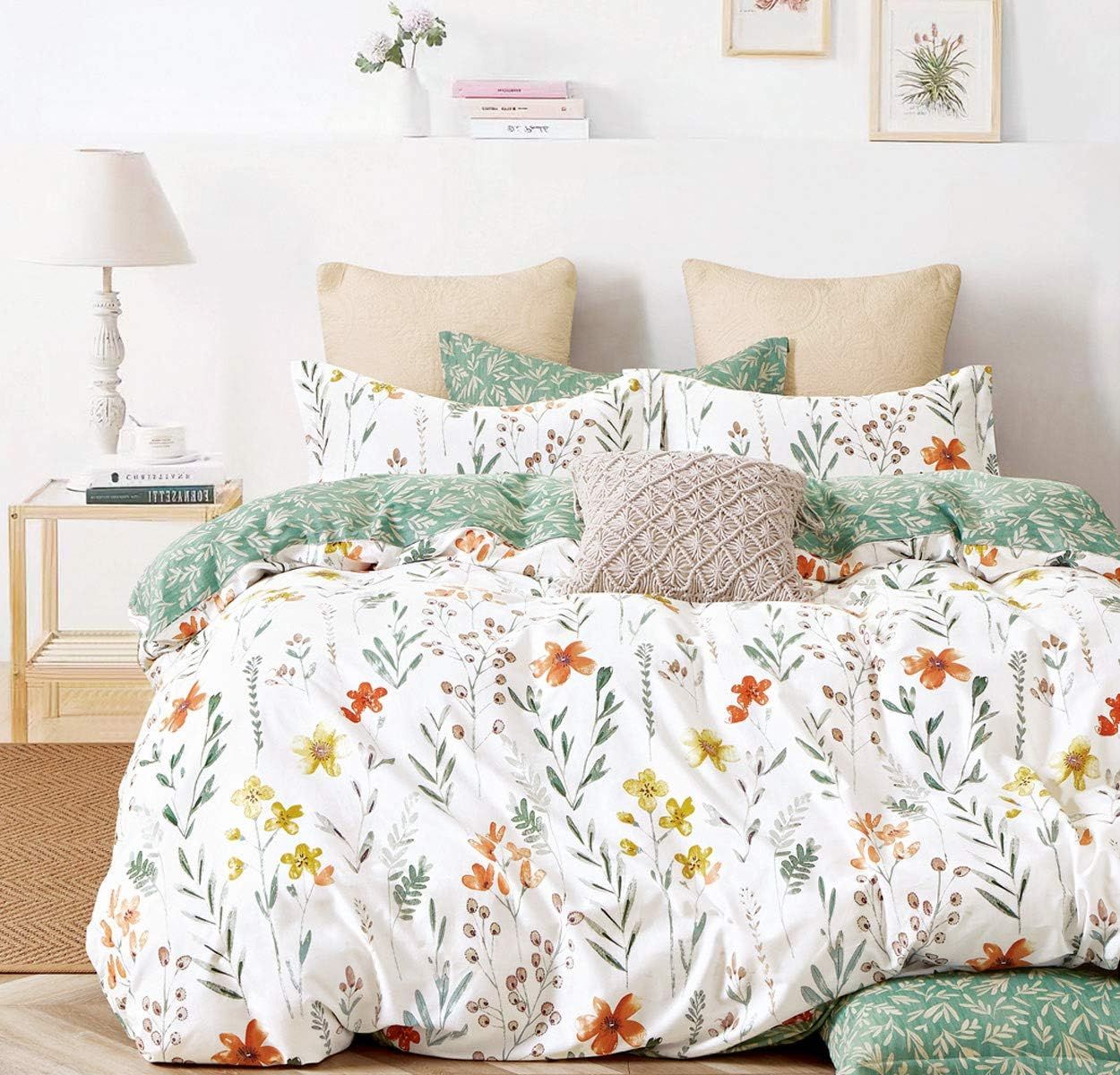 Queen White Cotton Duvet Cover Set with Floral Print