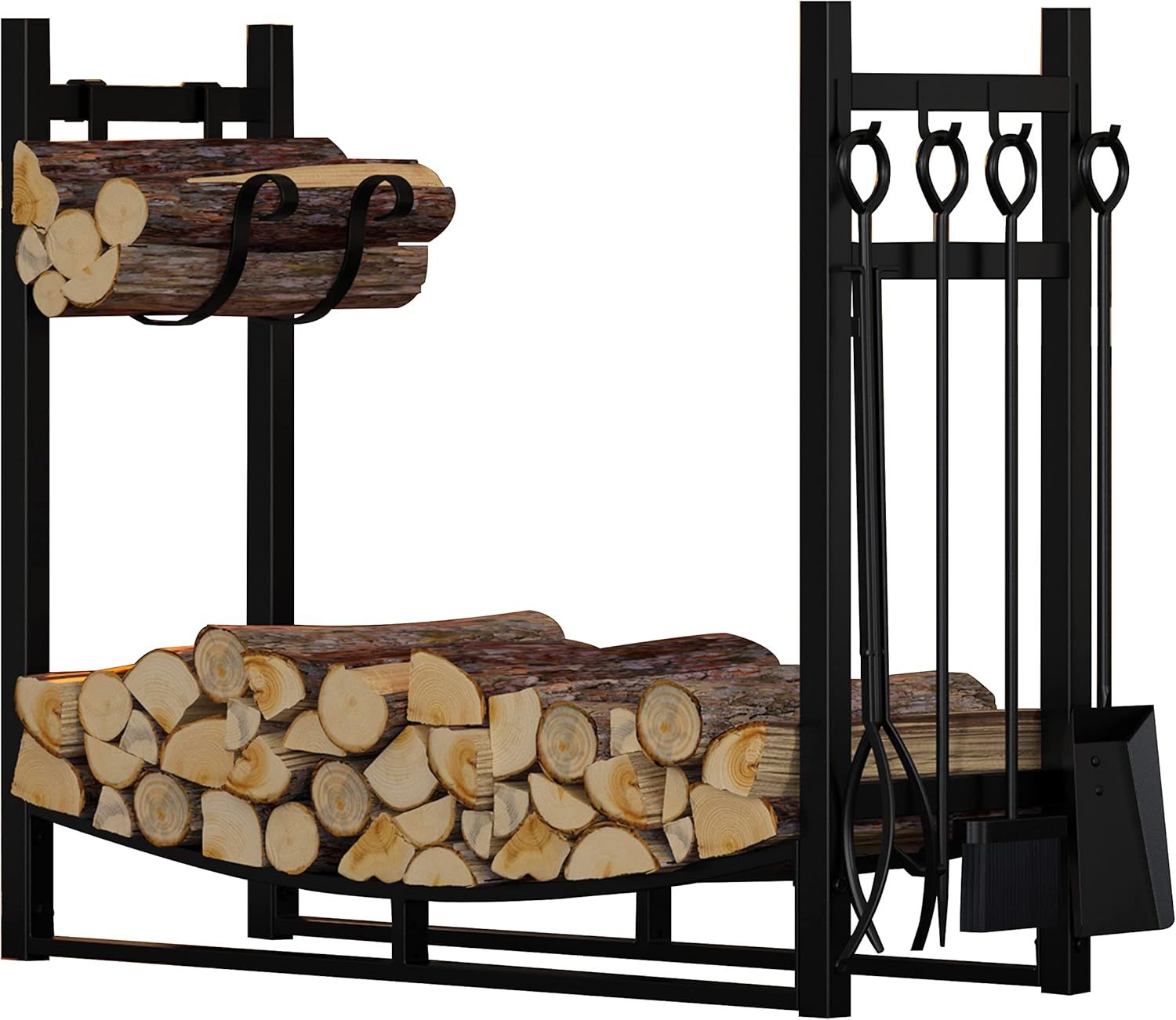 Black Steel Fireplace Log Rack with Kindling Holder and Tools