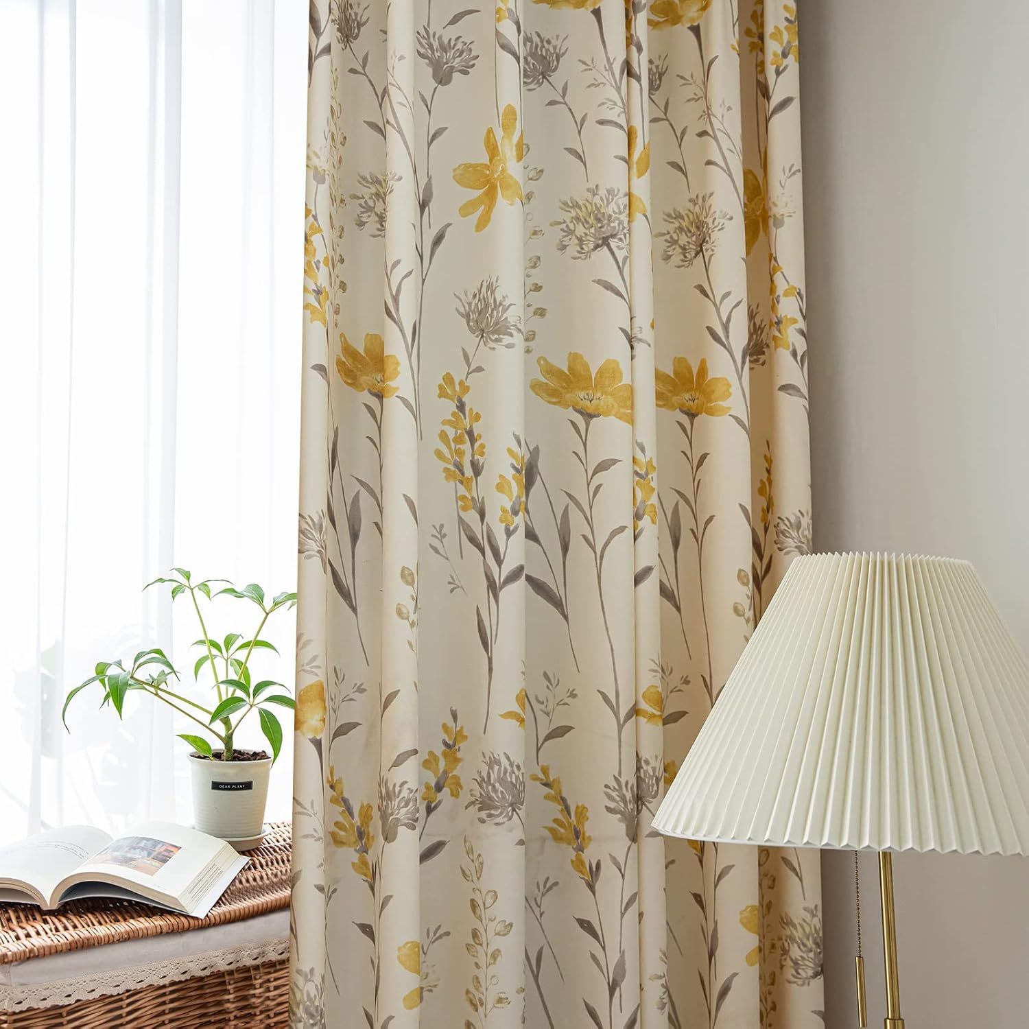 Yellow Floral Grommet Polyester Light-Filtering Drapes, 96"