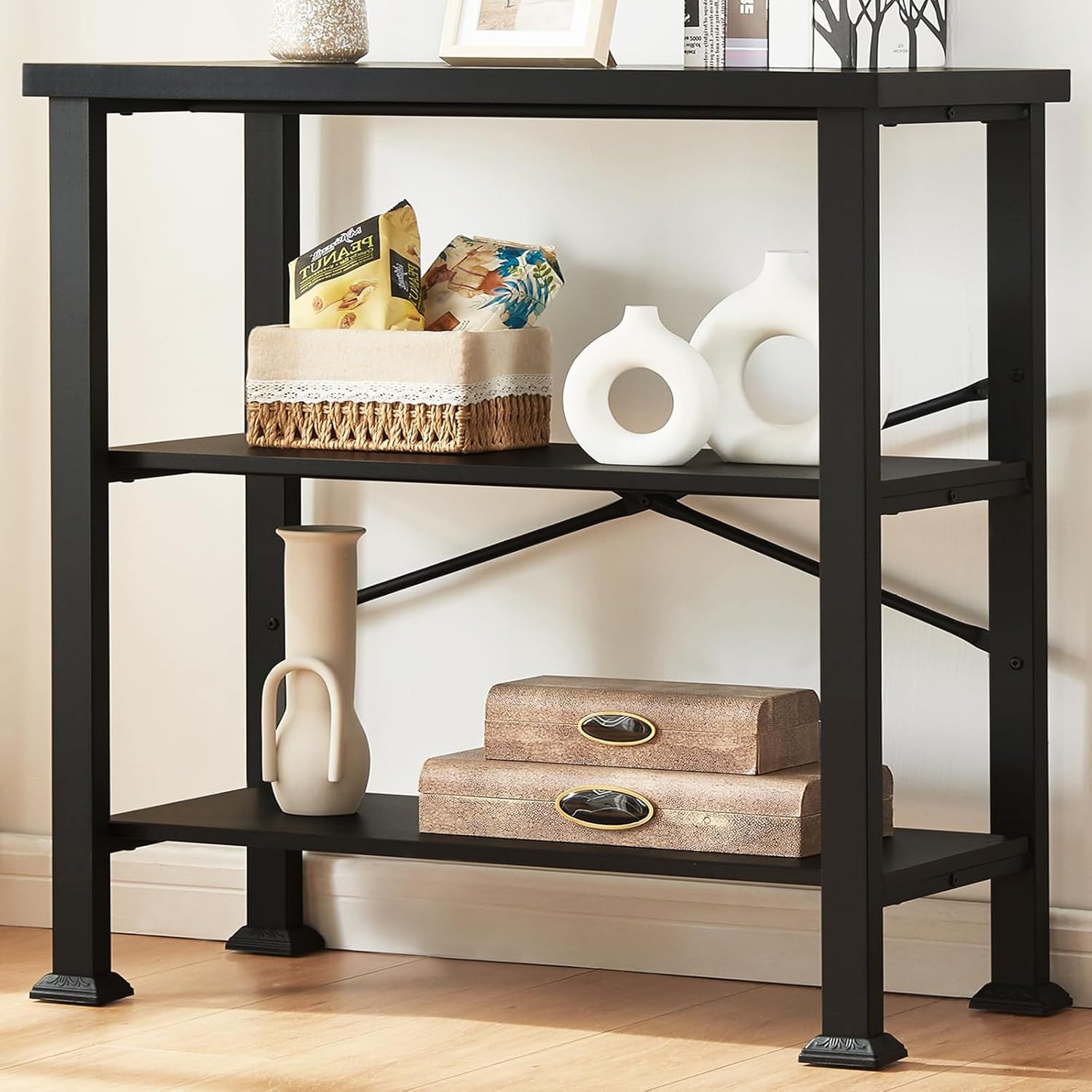 Black 3-Tier Adjustable Metal Frame Bookshelf