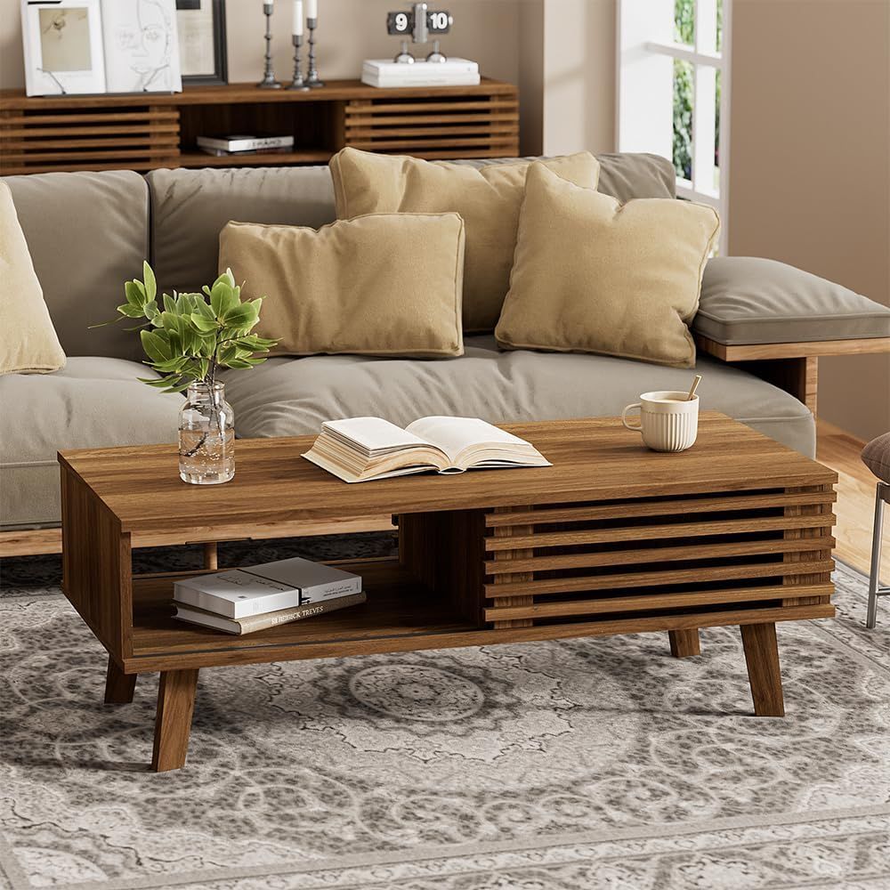 Walnut Mid-Century Modern Coffee Table with Open Storage Shelf