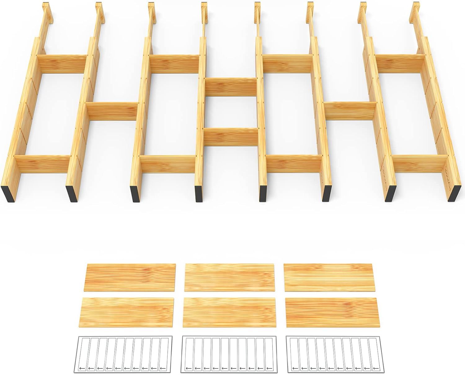 Adjustable Bamboo Drawer Dividers with Inserts and Labels