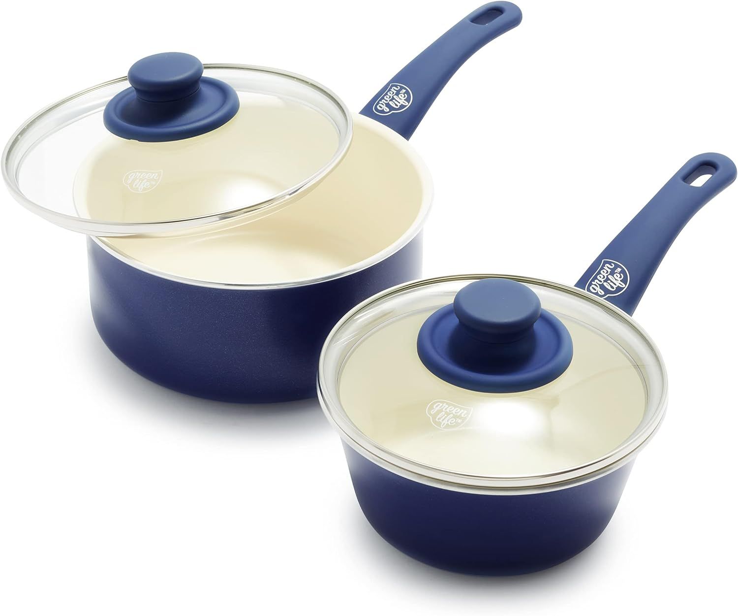 Blue Ceramic Nonstick Aluminum Saucepan Set with Glass Lids